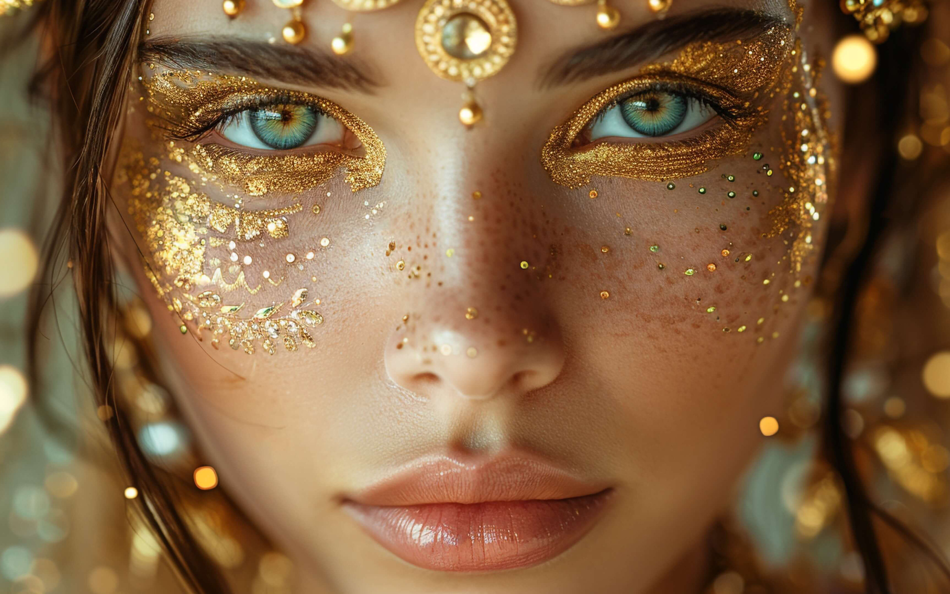 Зеленоглазая девушка с блестящим макияжем на лице