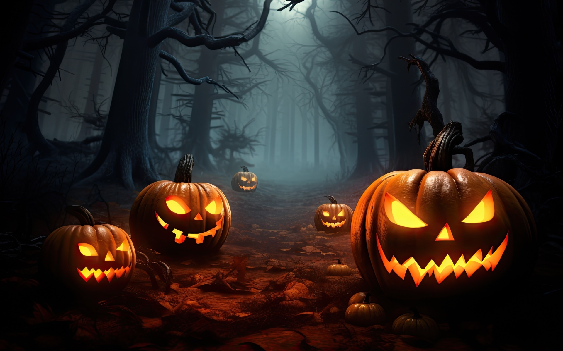 Фонари тыквы в зловещем темном лесу на Хэллоуин