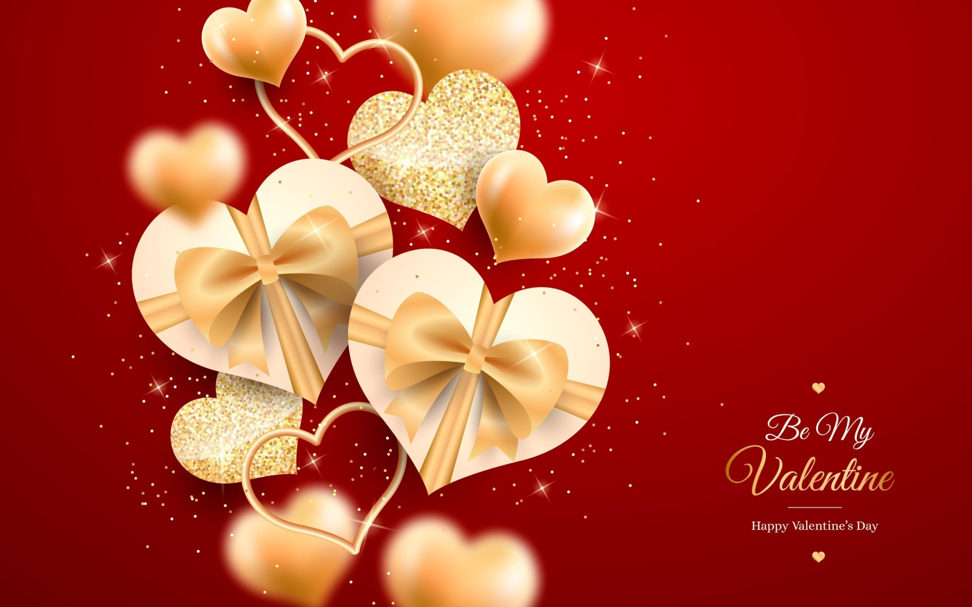 Золотые блестящие сердечки на красном фоне на День Влюбленных