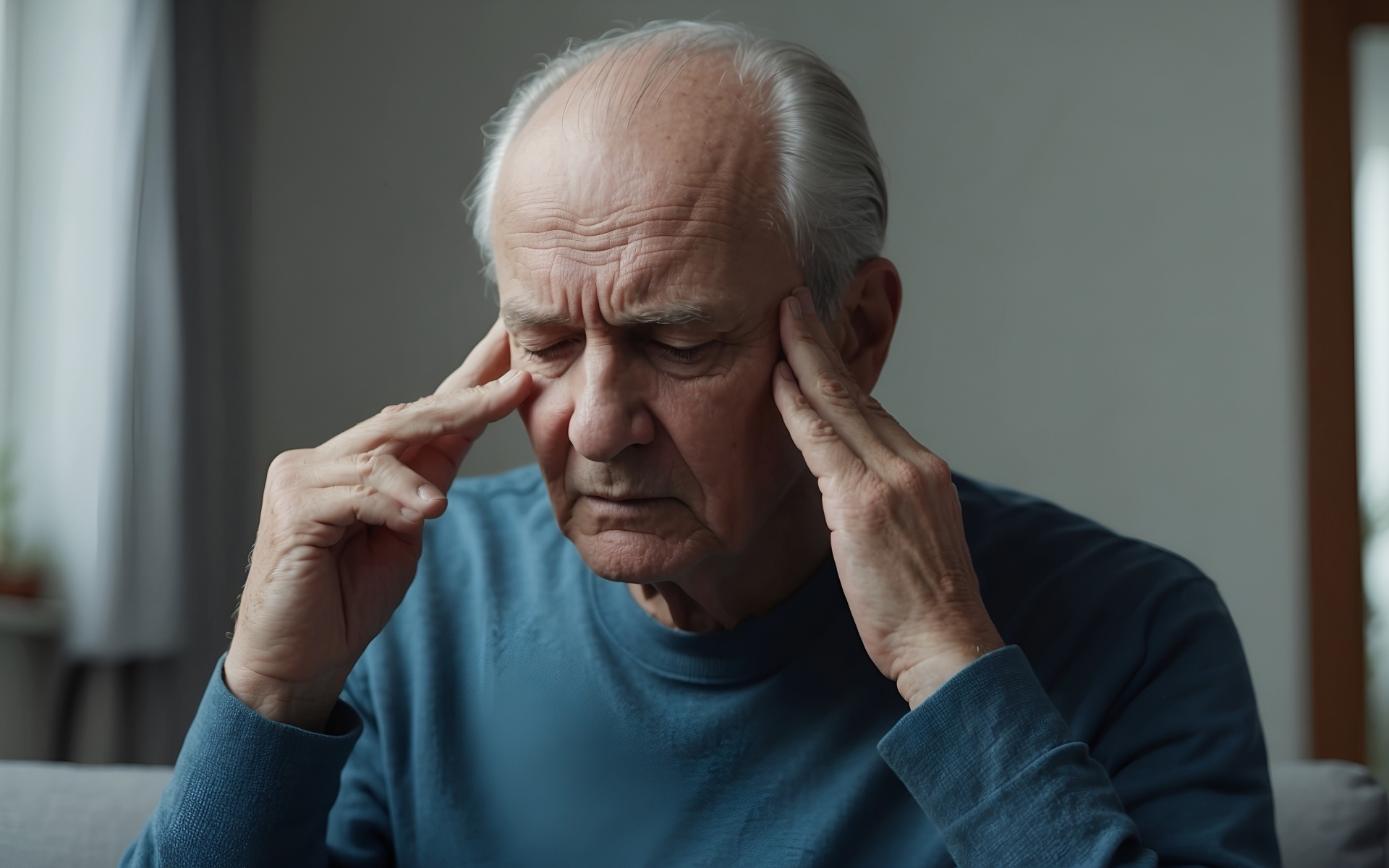 Пожилой мужчина держится руками за голову
