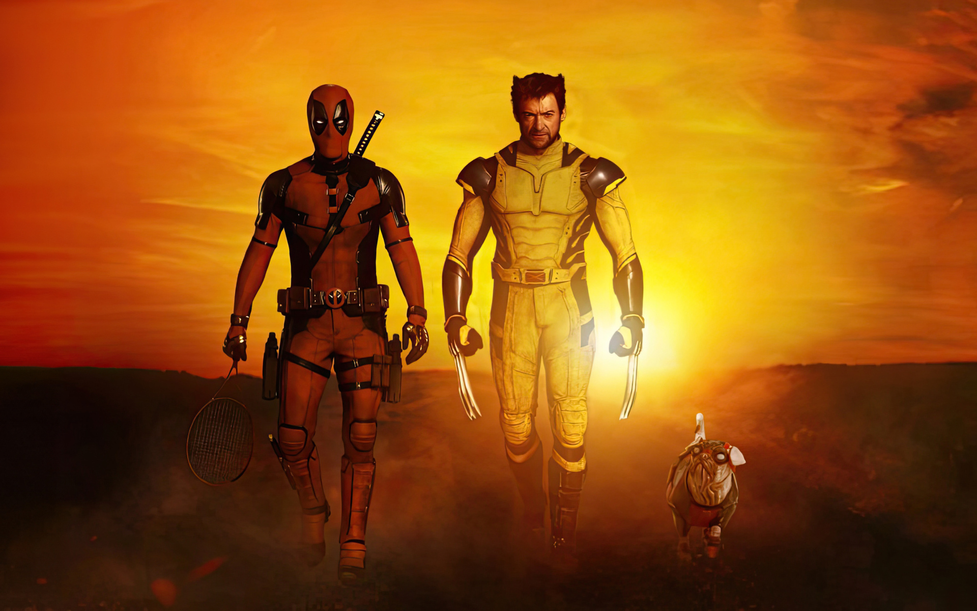 Персонажи фильма Дэдпул и Росомаха на фоне заката