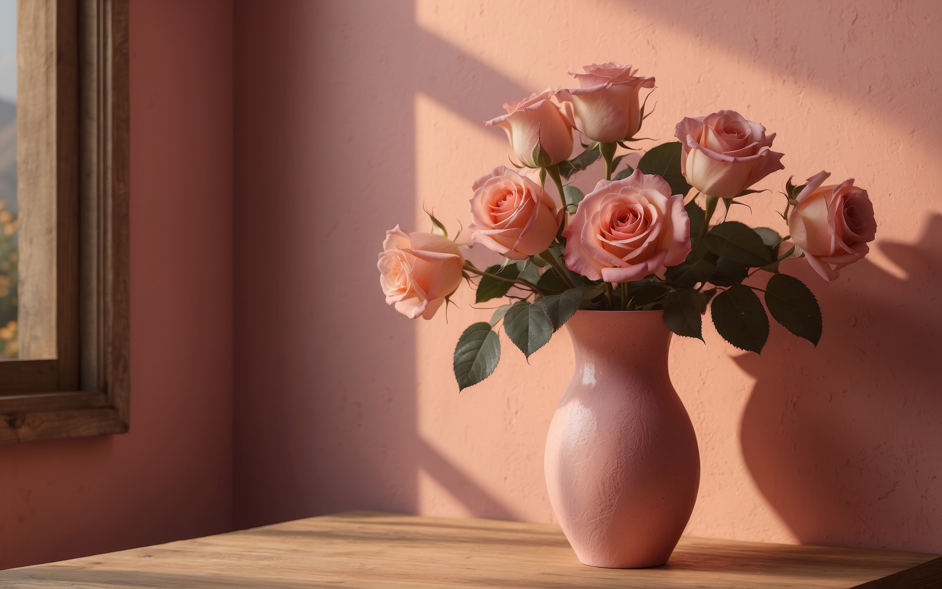 Букет нежных розовых роз в вазе у стены в лучах солнца