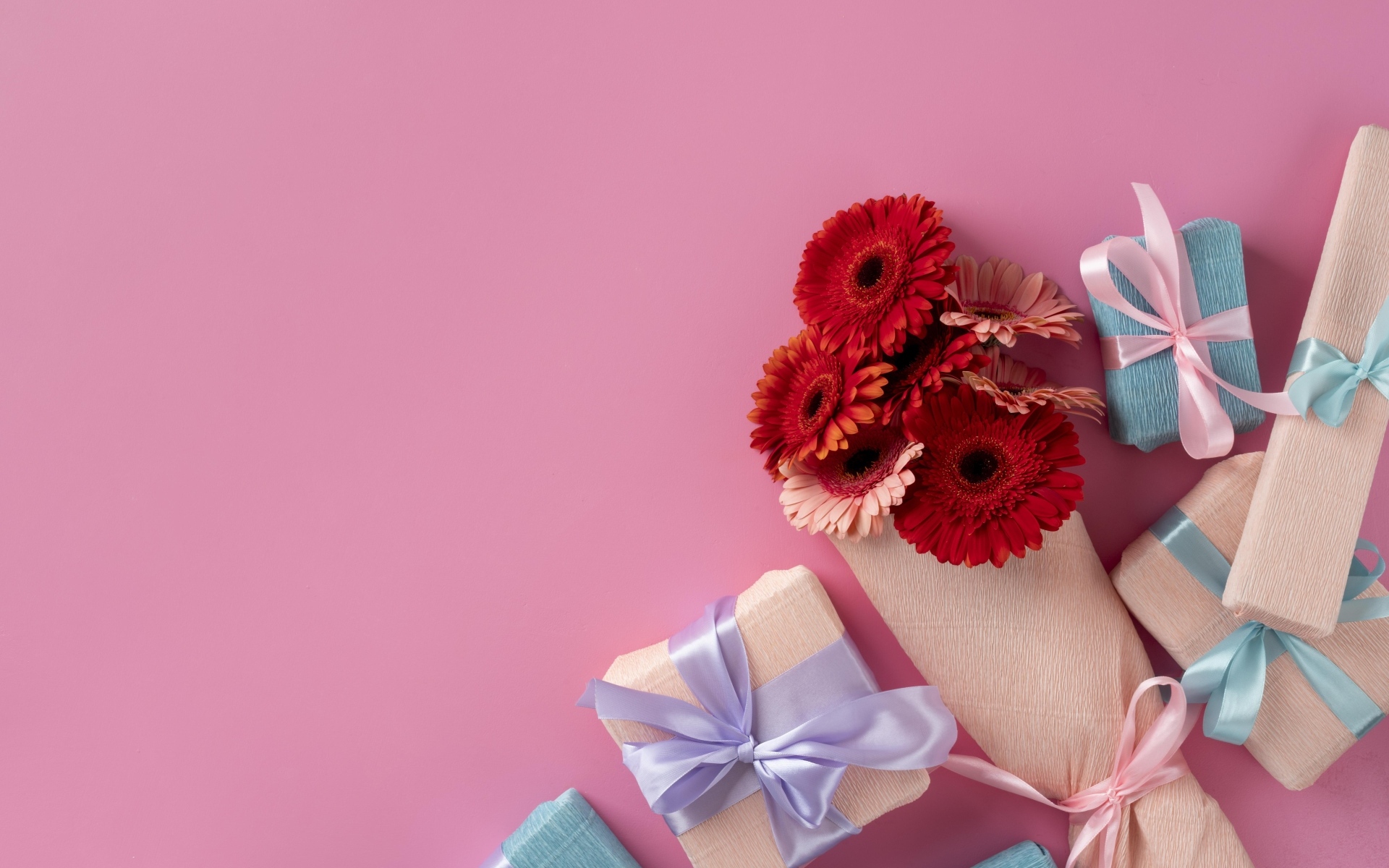 Букет цветов герберы с подарками на розовом фоне