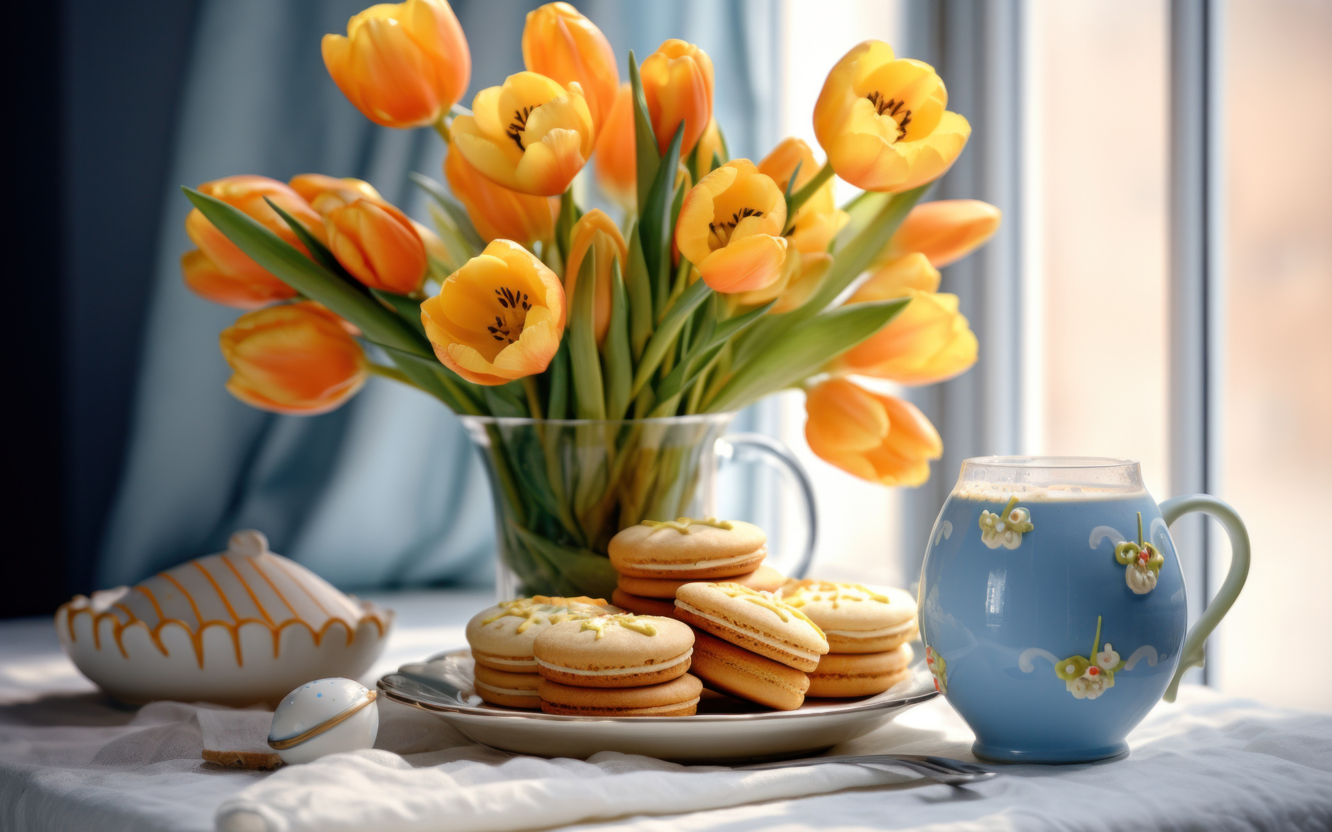 Букет оранжевых тюльпанов с печеньем на столе