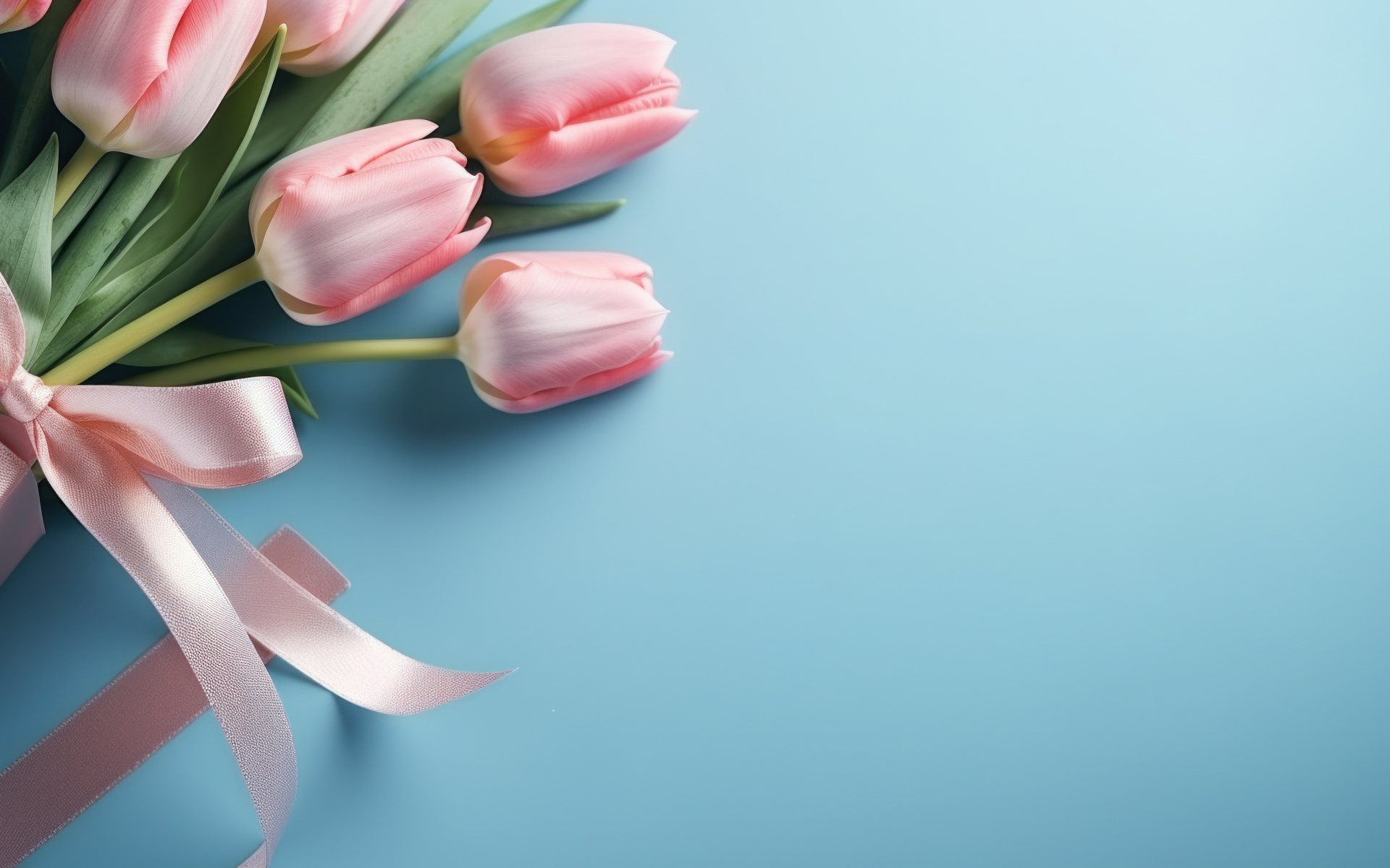 Букет розовых тюльпанов с лентой на голубом фоне