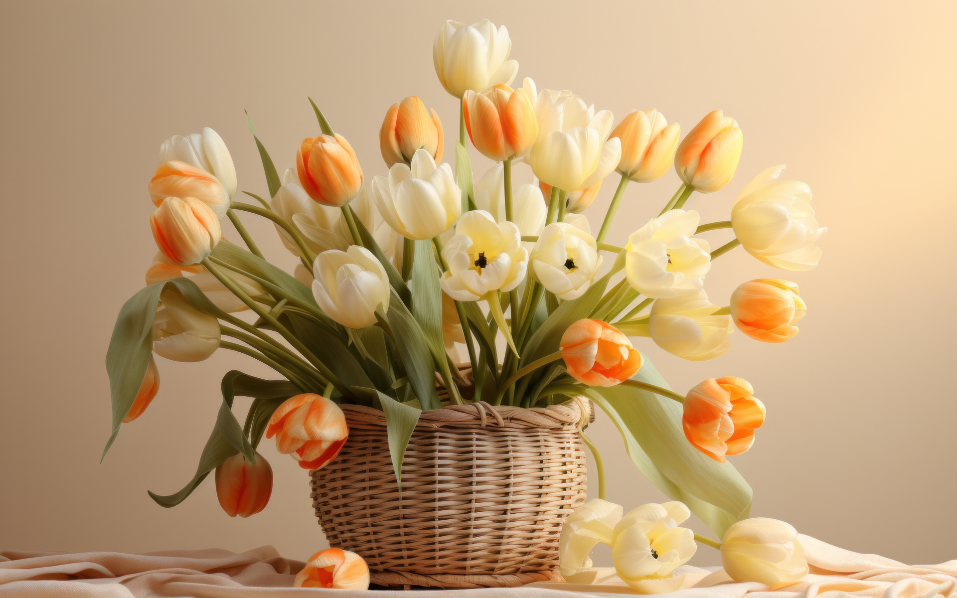 Букет белых и оранжевых тюльпанов в корзине