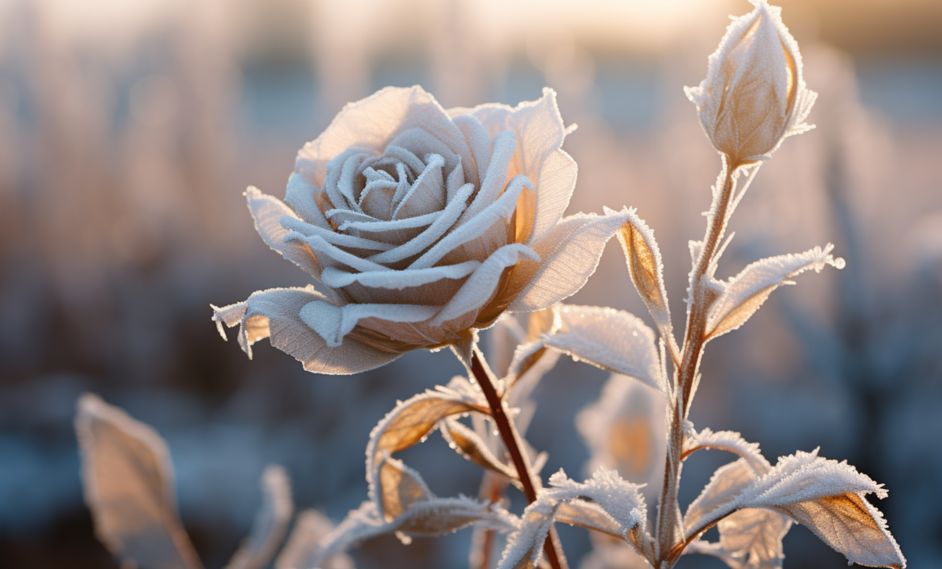 Покрытая инеем роза с бутоном в лучах солнца