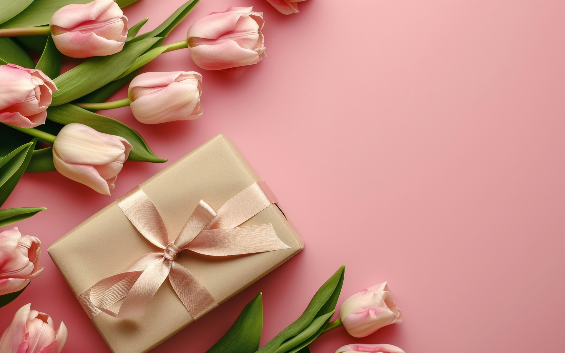 Gift with tulips for a loved one on a pink background