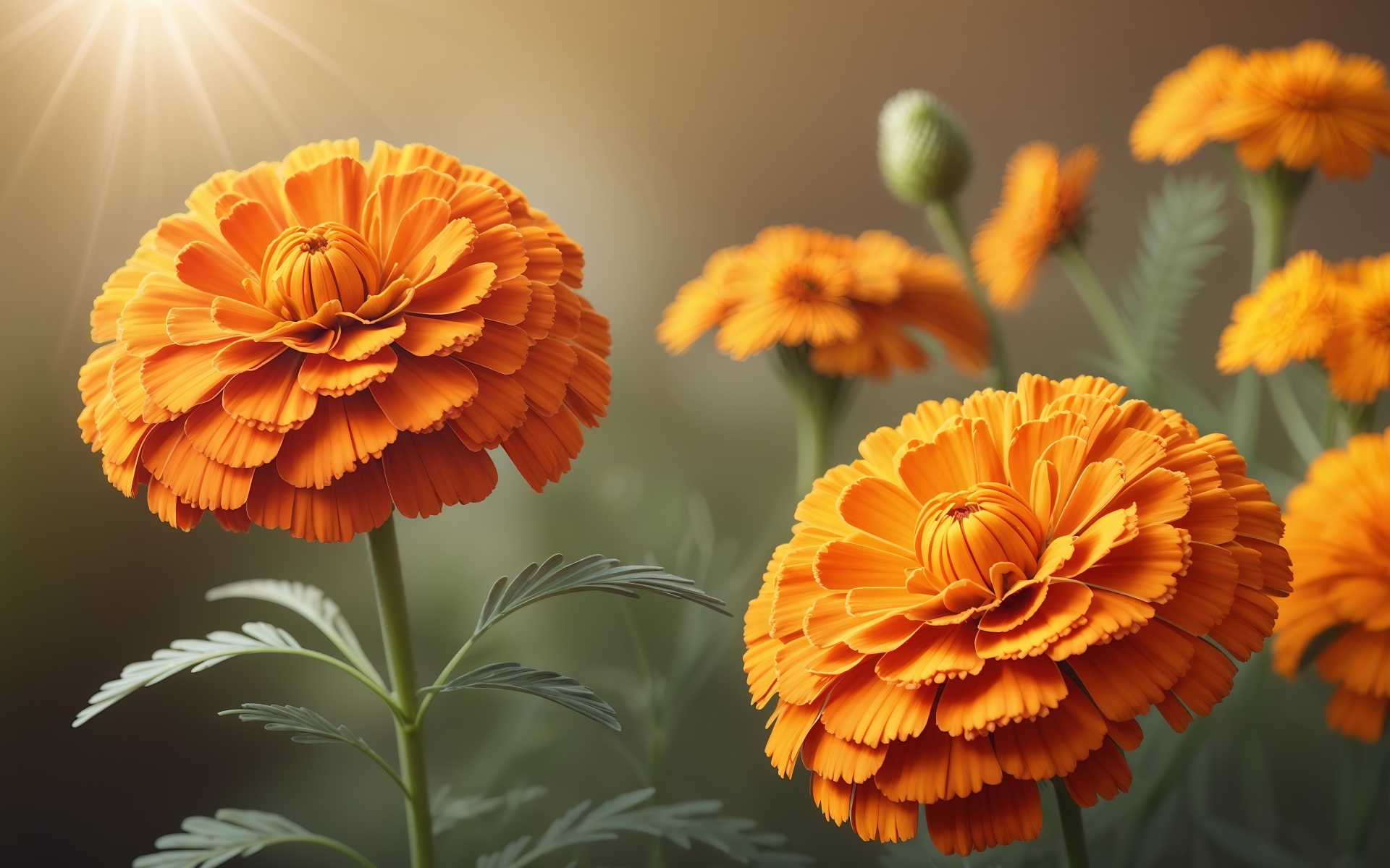 Оранжевые цветы бархатцы в лучах солнца