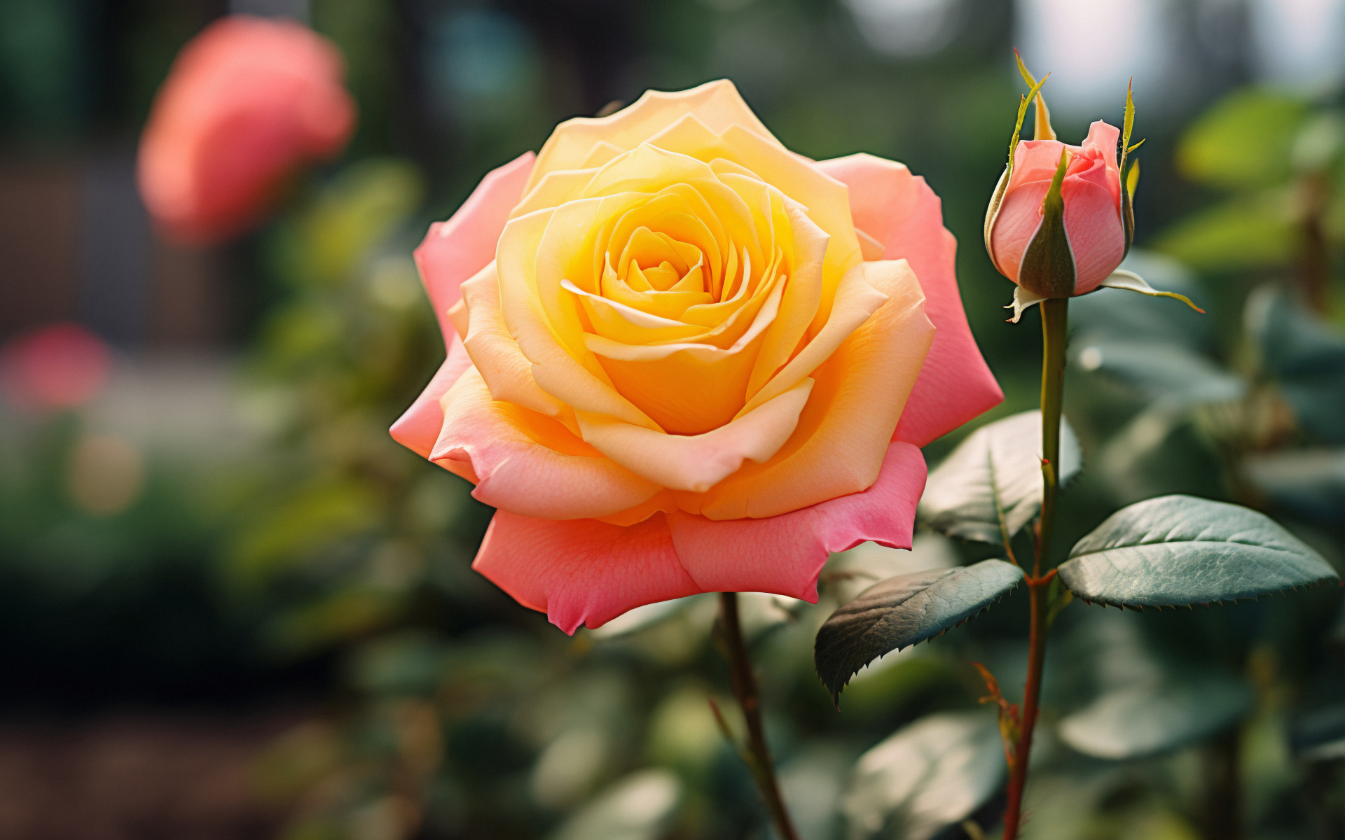 Розовая роза с желтой серединкой с бутоном