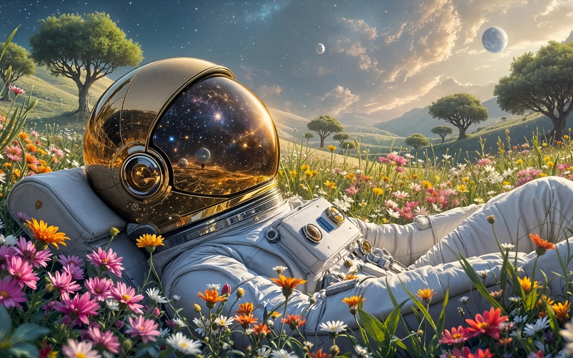 Космос отражается в шлеме астронавта лежащего на поле с цветами