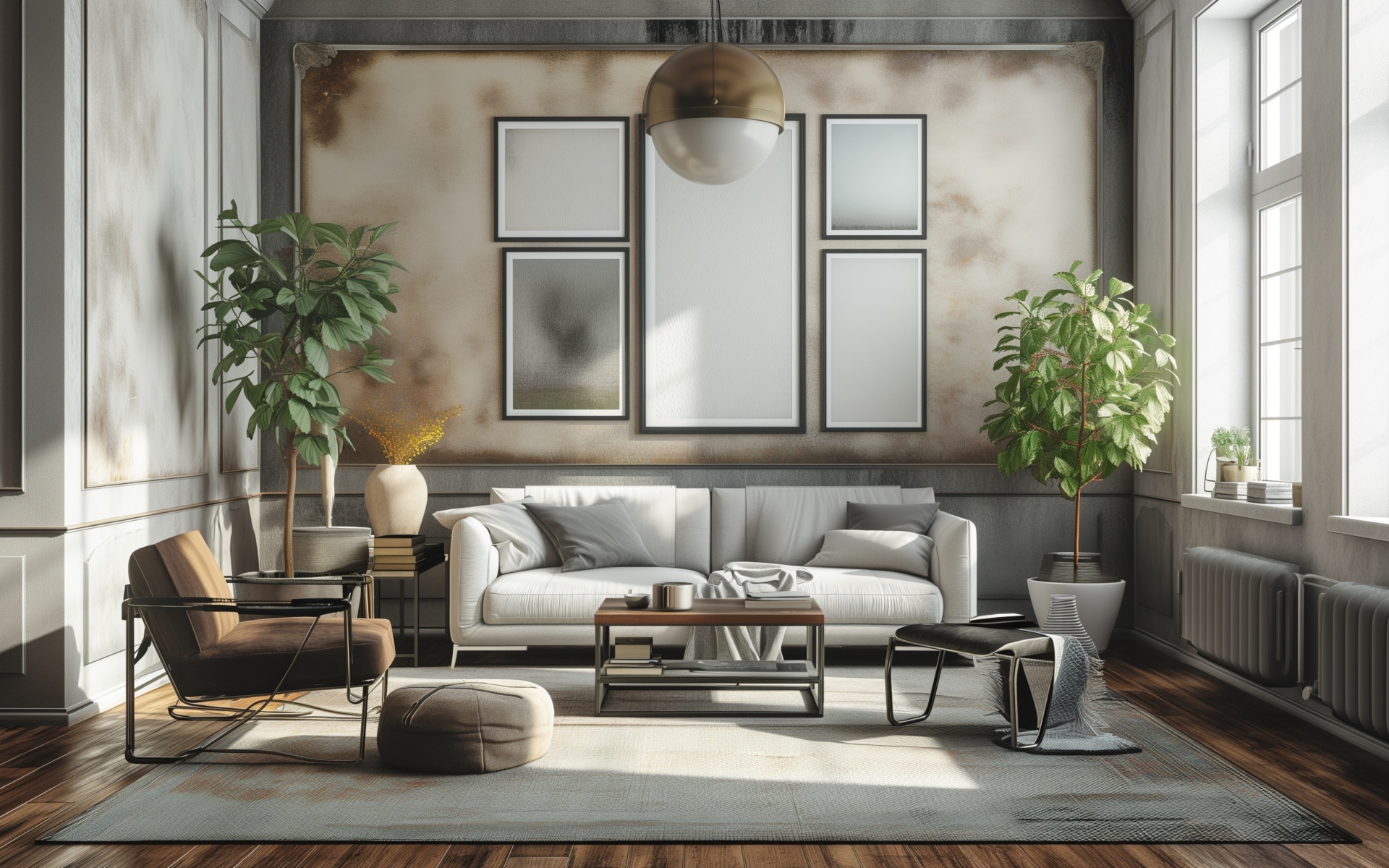 Большой серый диван в комнате с картиной на стене