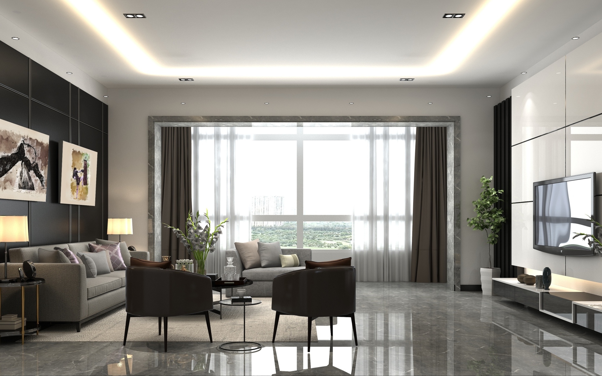 Большое окно в комнате с телевизором и мебелью 