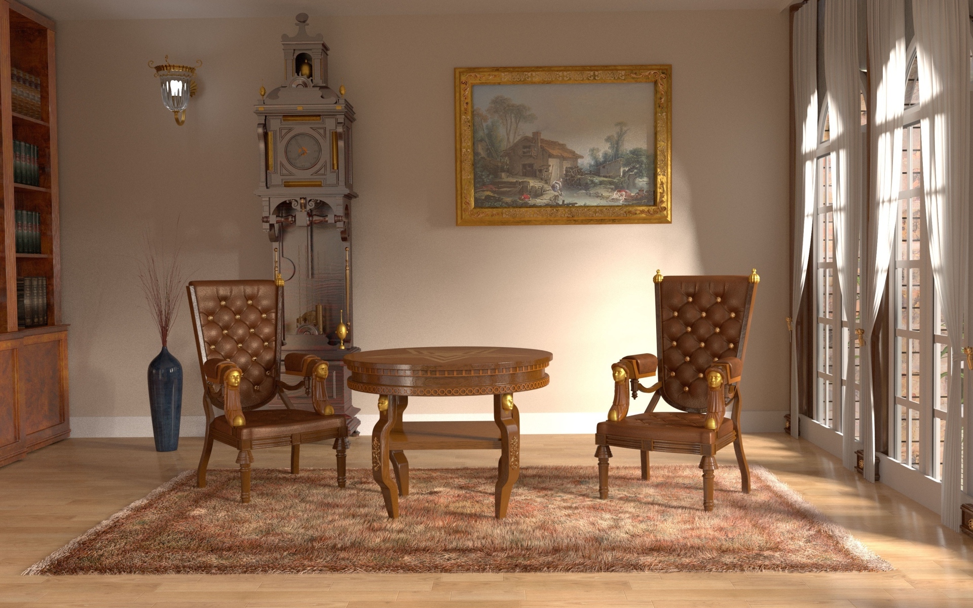 Кожаные винтажные кресла в комнате с большими часами