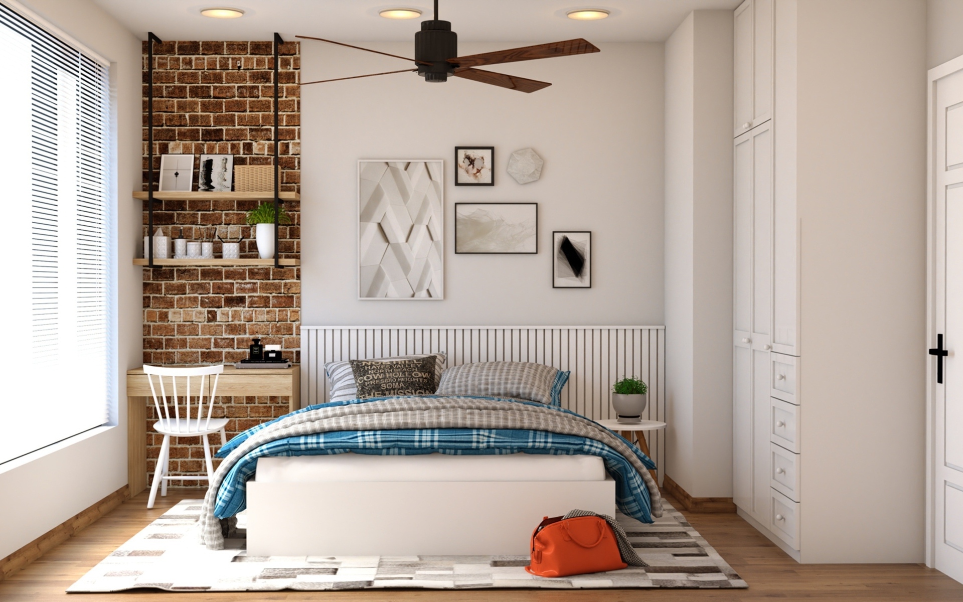 Белая мебель в спальне с большим окном