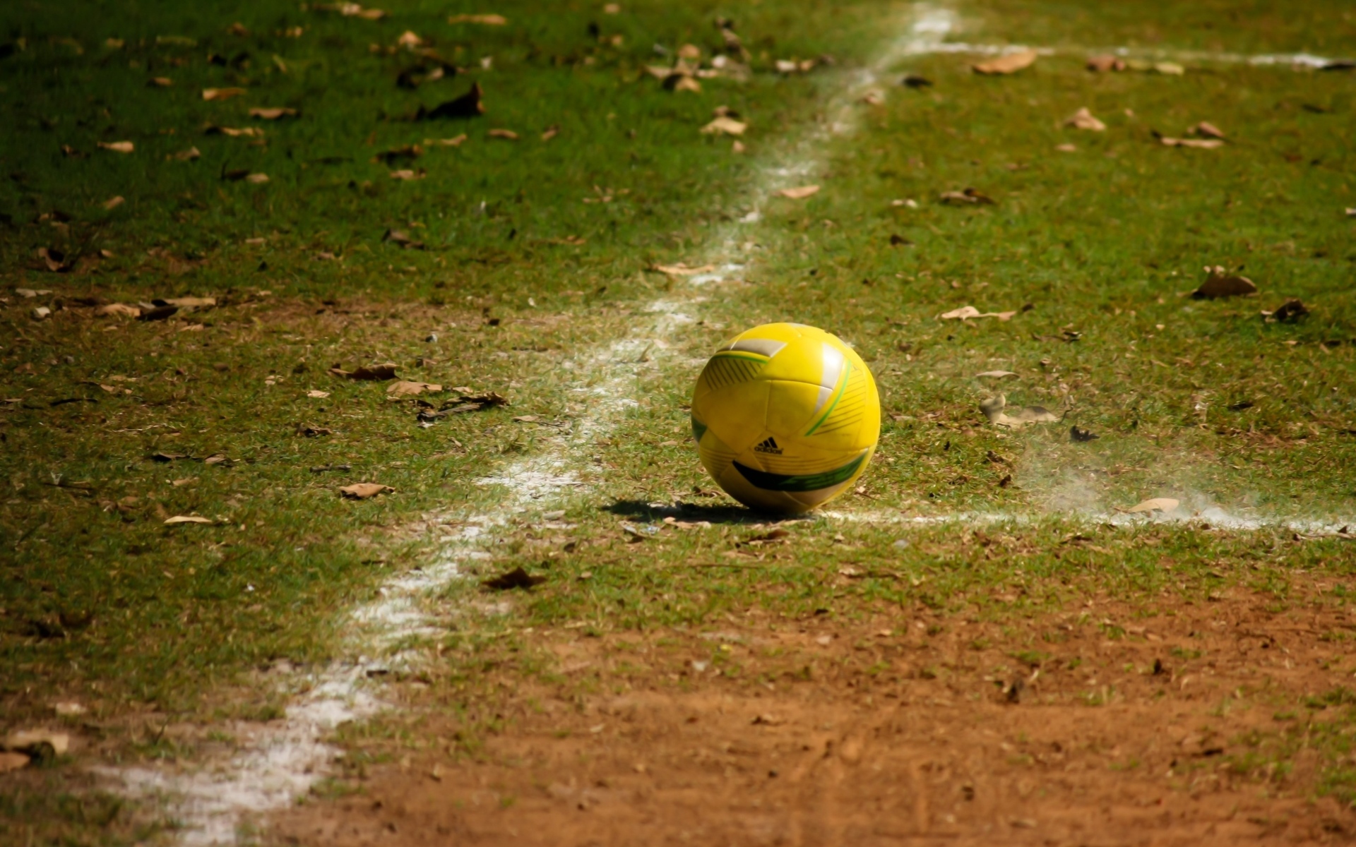 Желтый мяч на футбольном поле осенью 