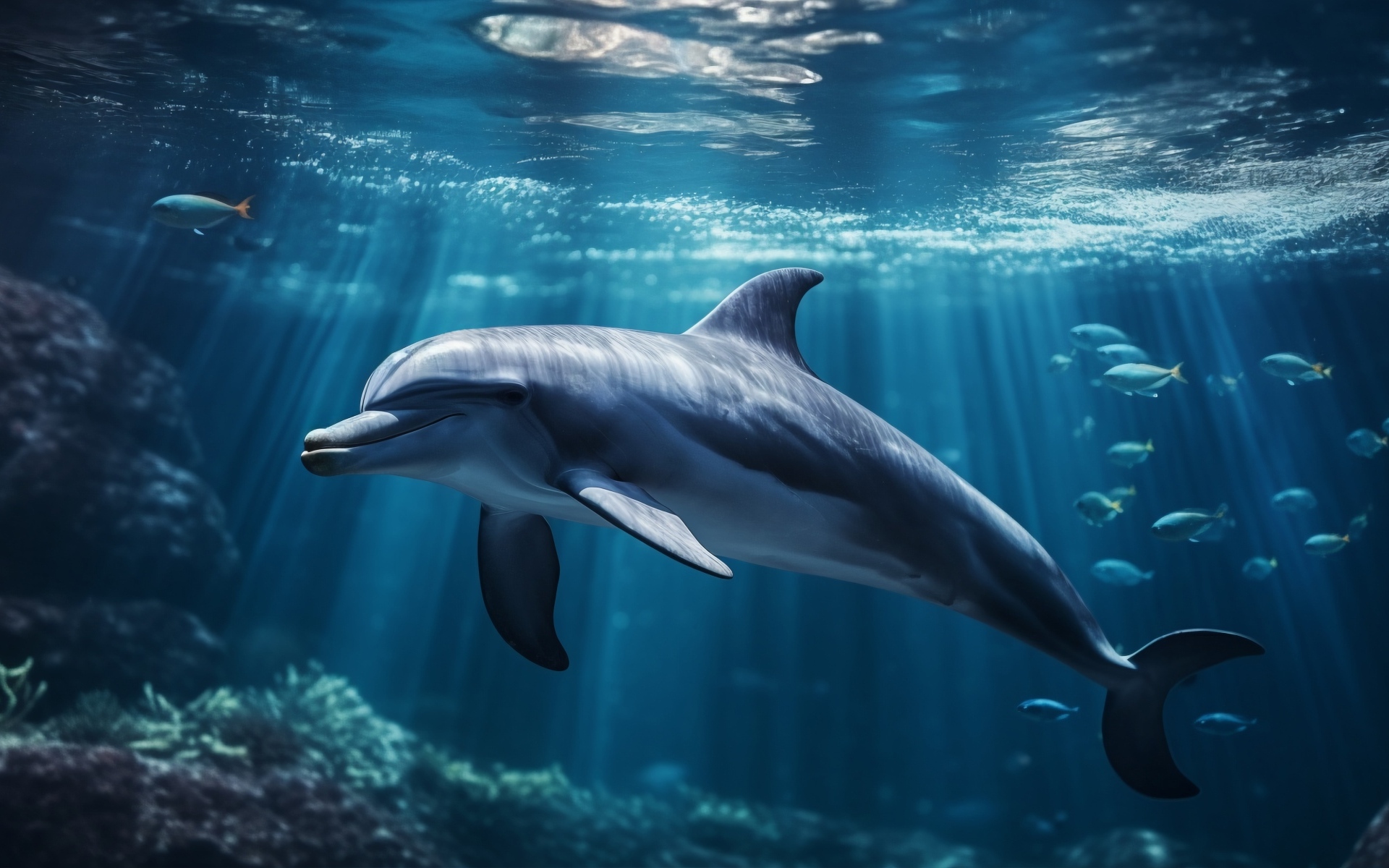 Красивый дельфин под водой в лучах солнца