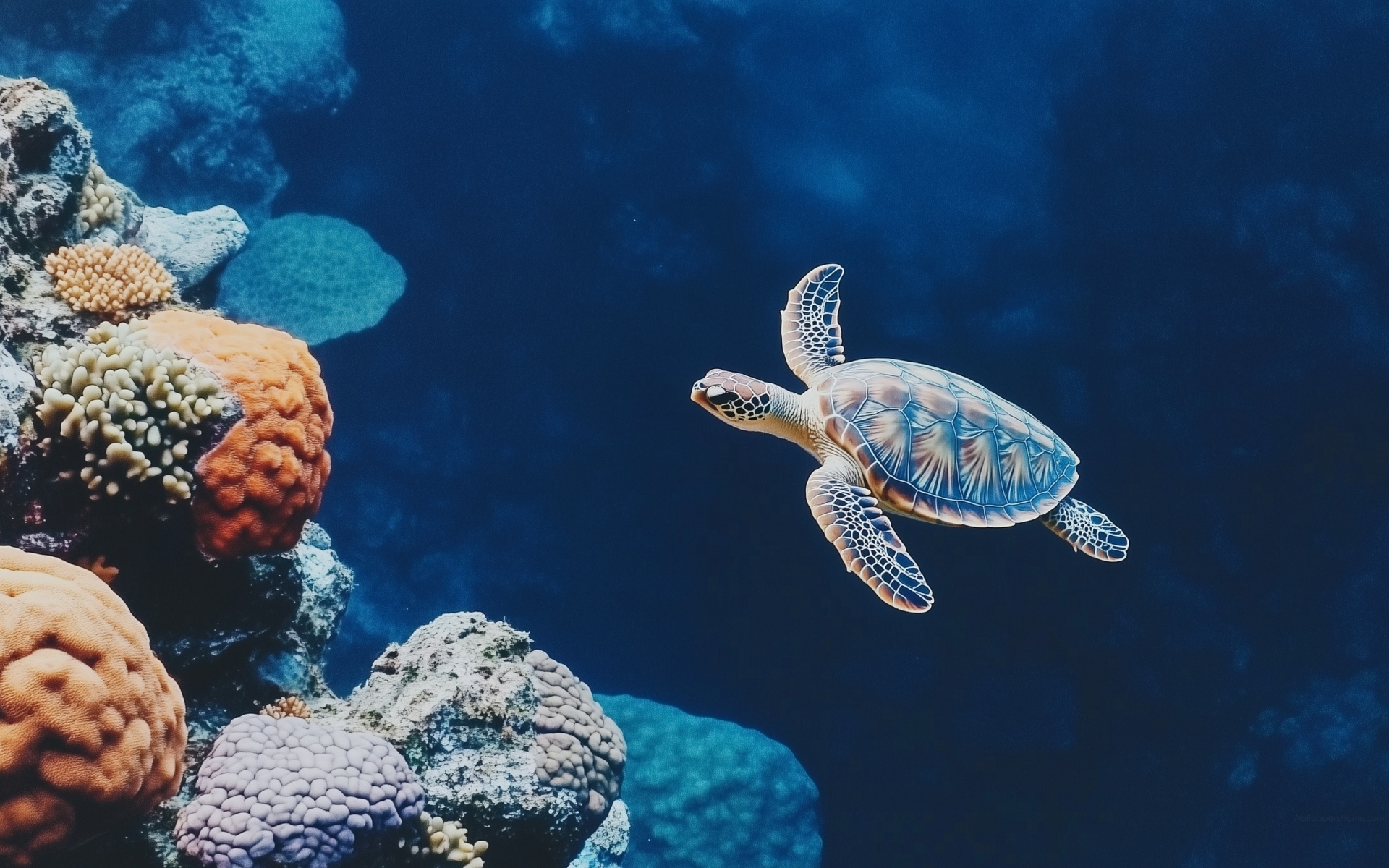 Маленькая черепаха под водой у коралл