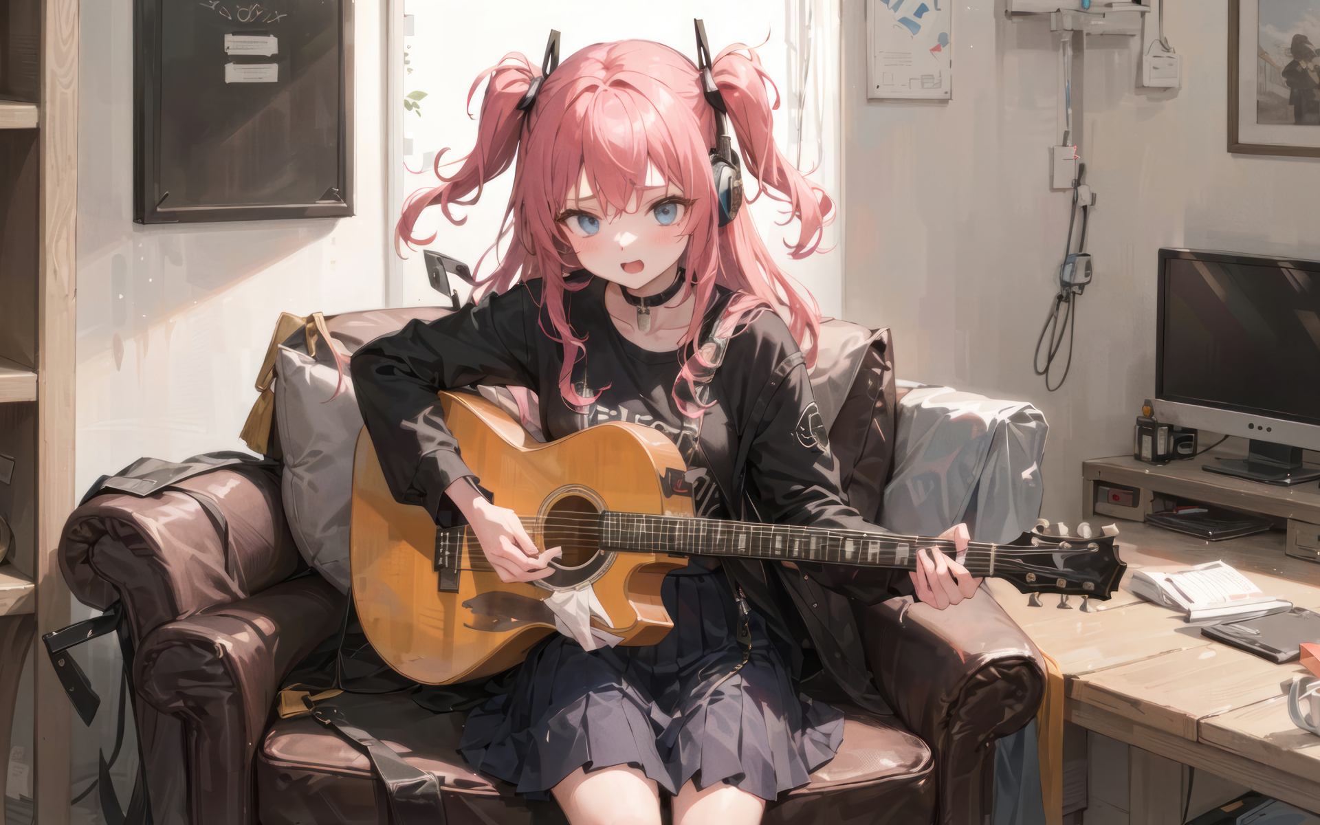 Милая девушка аниме с гитарой в комнате