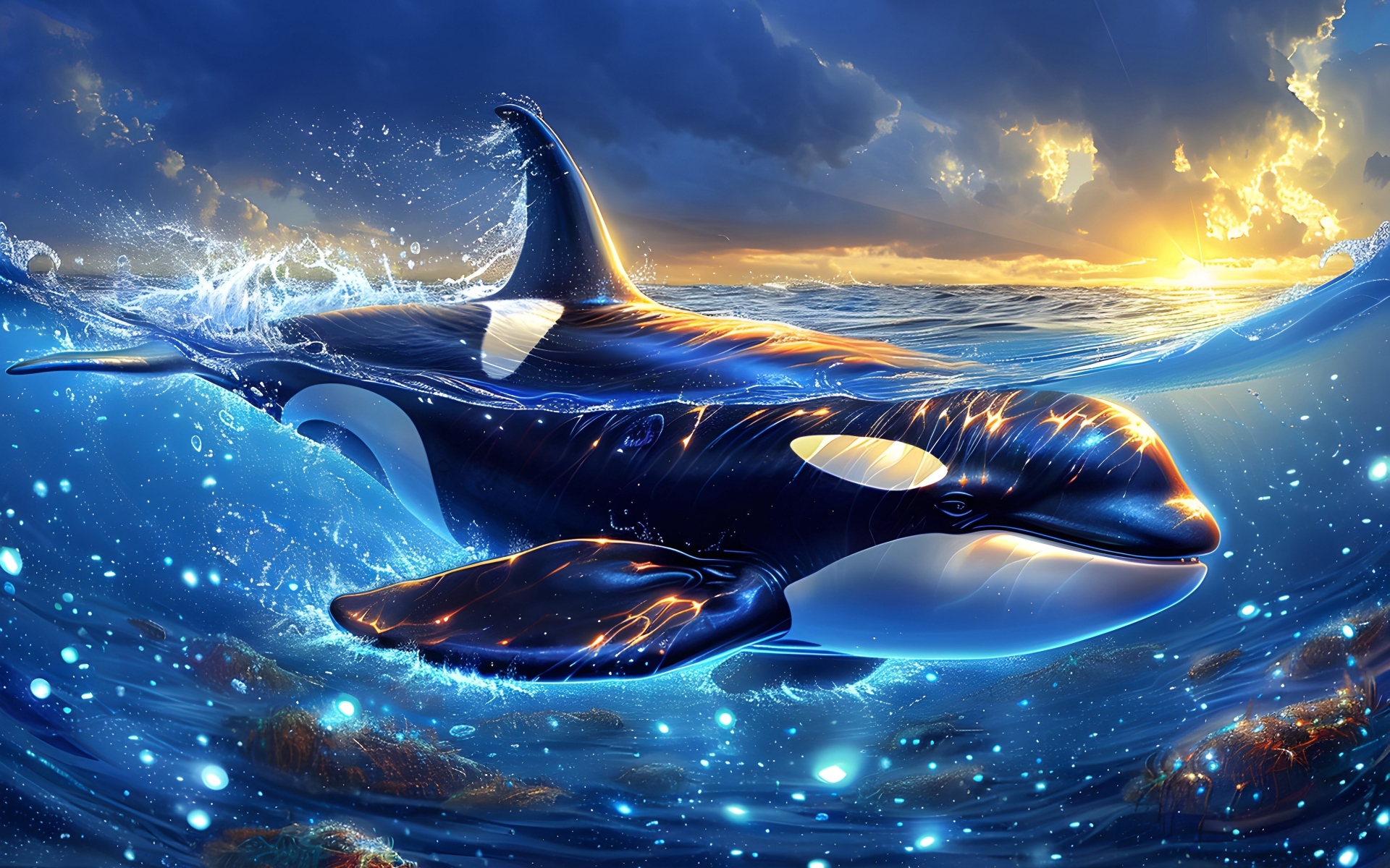 Большая черная косатка плавает в волшебном море