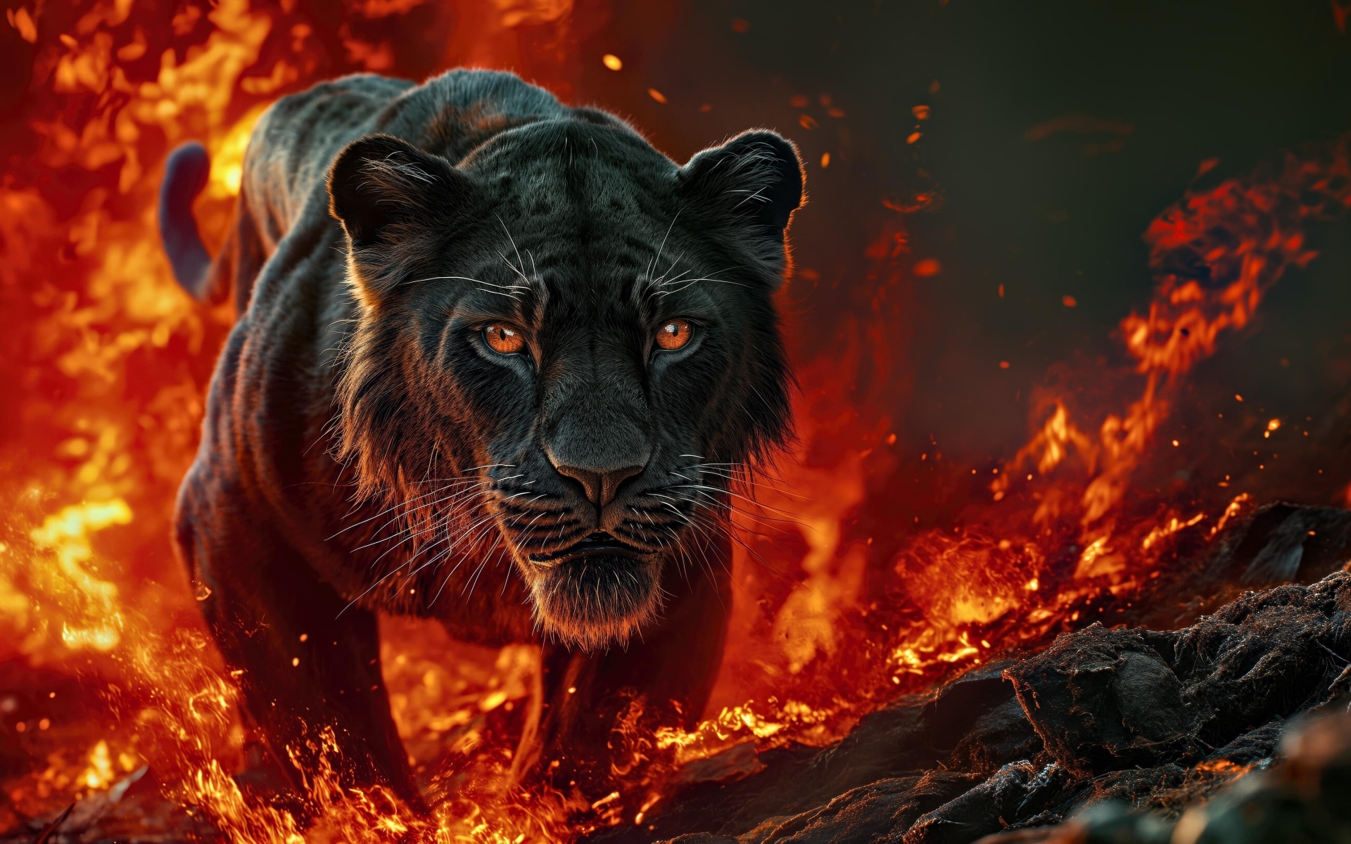 Черная пантера идет по огненной земле