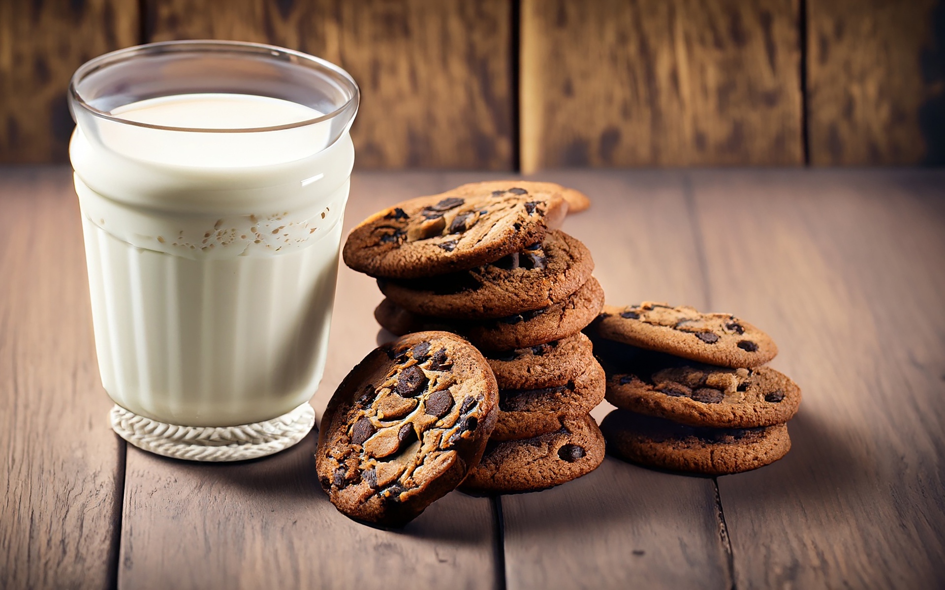 Стакан молока с круглым печеньем на столе