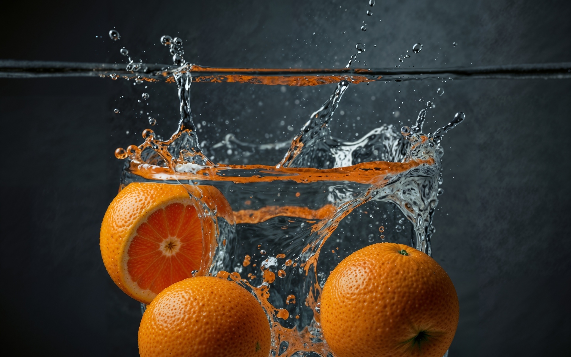 Апельсины падают в воду на сером фоне