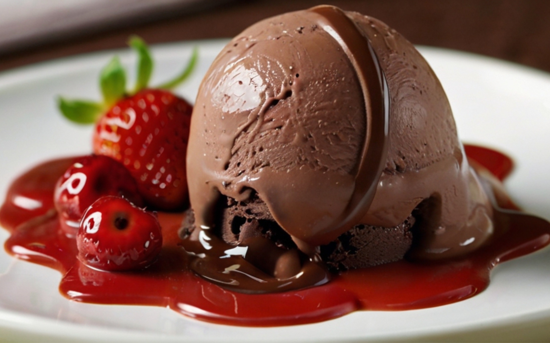 Шарик шоколадного мороженого на тарелке с ягодами клубники