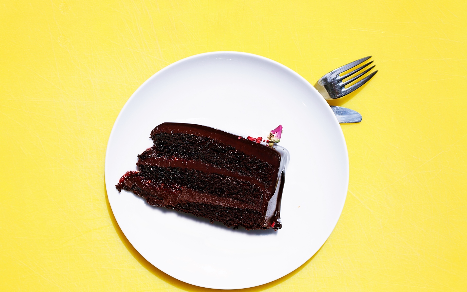 Кусок шоколадного торта на белой тарелке на желтом фоне