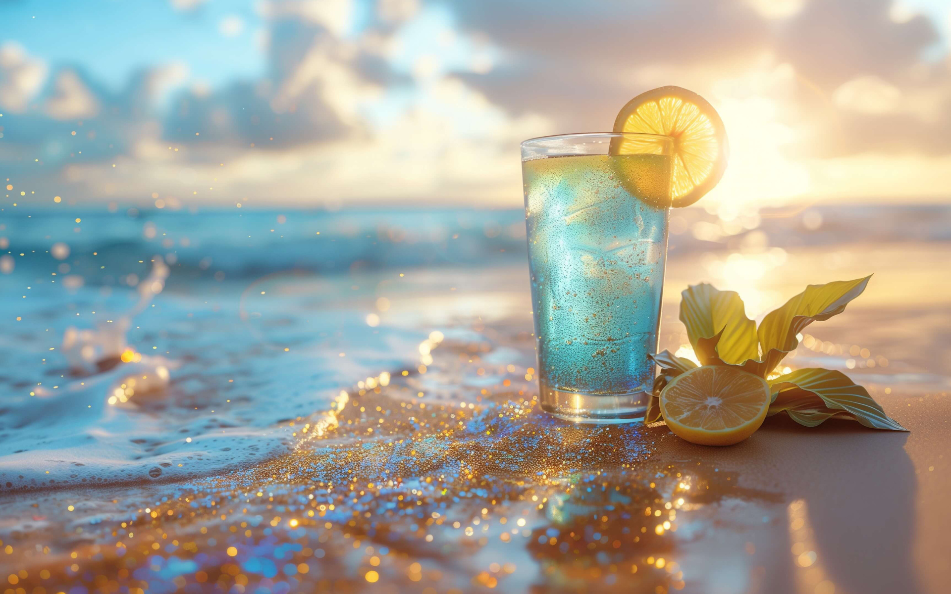 Коктейль с лимоном на берегу моря в лучах солнца