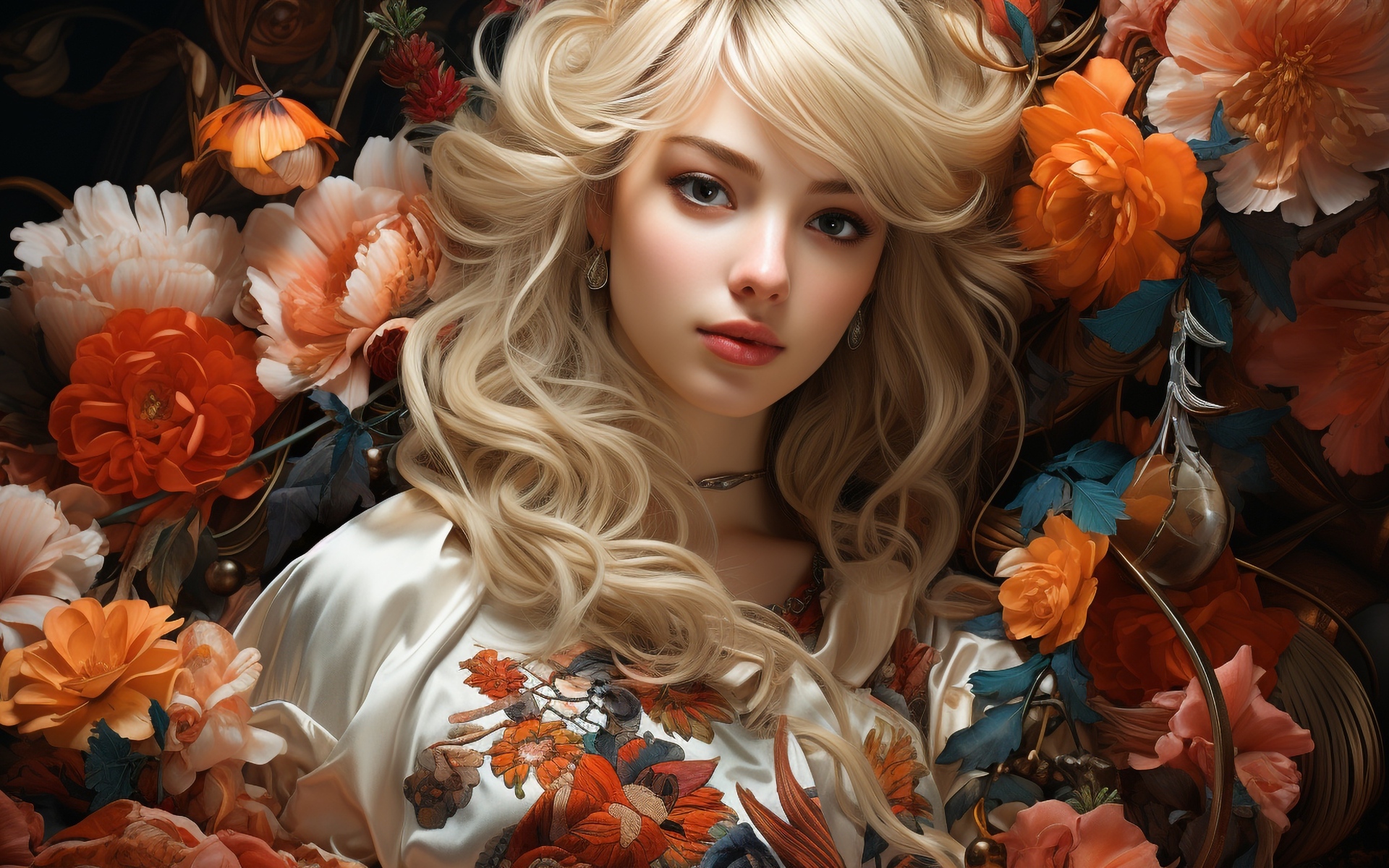 Красивая девушка блондинка в цветах