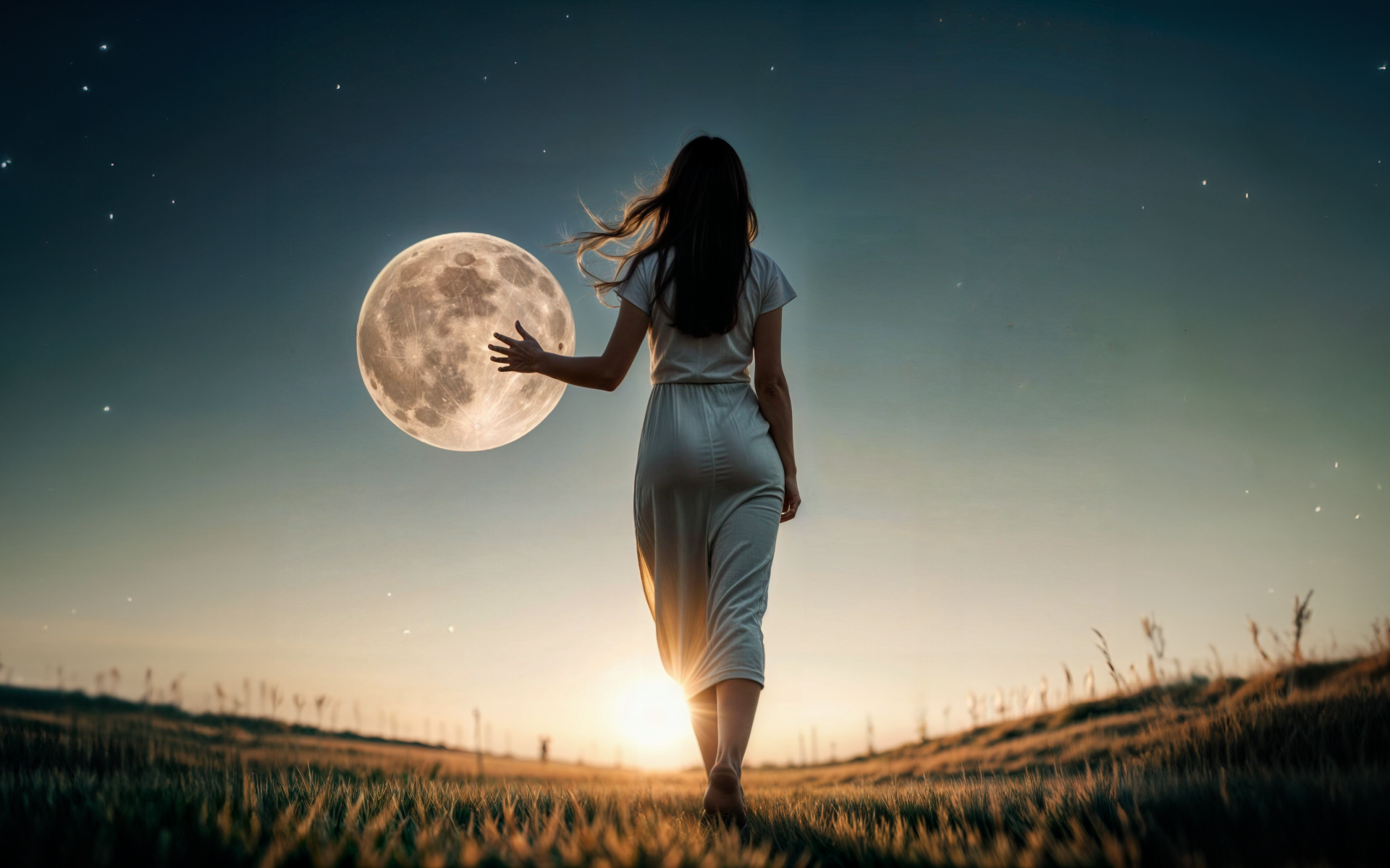 Девушка трогает луну рукой