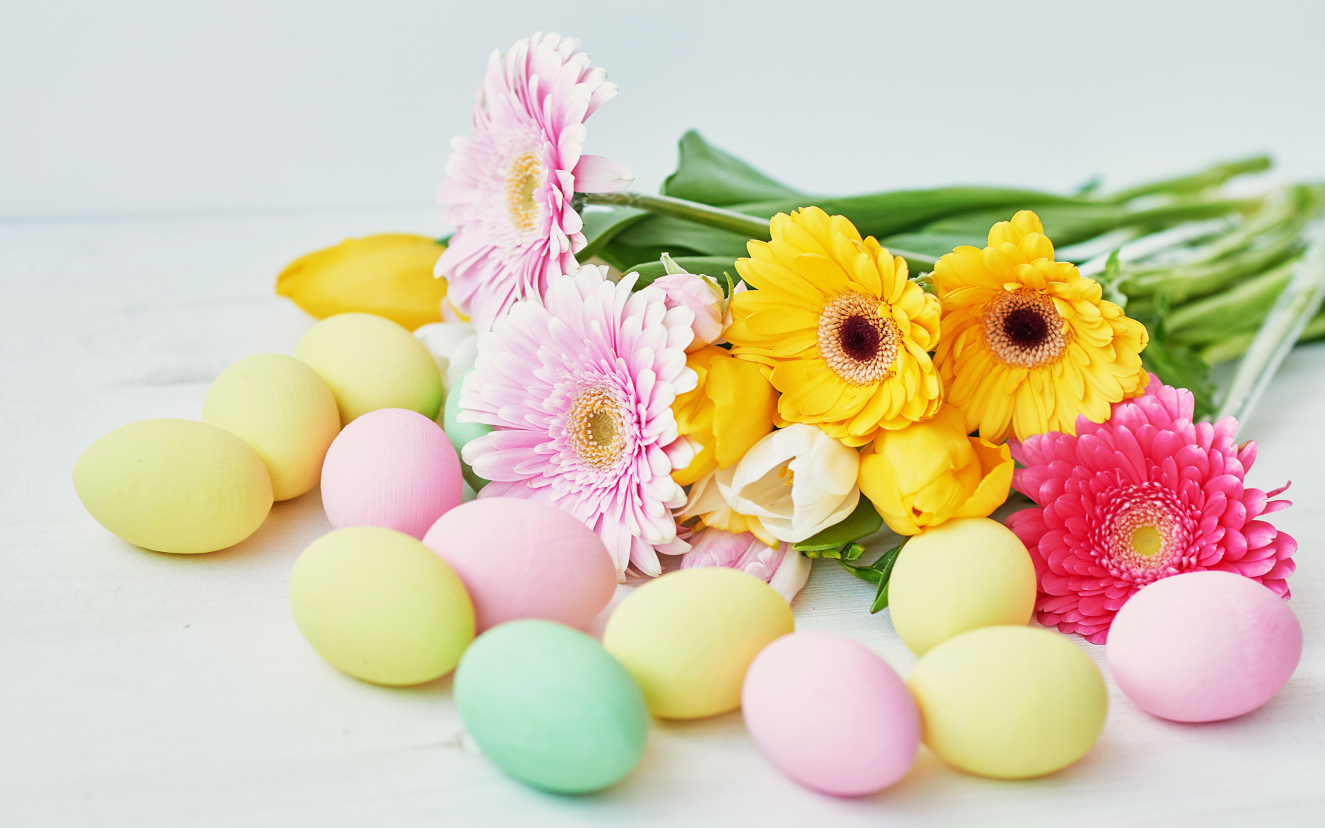 Красивые разноцветные яйца с букетом гербер и тюльпанов