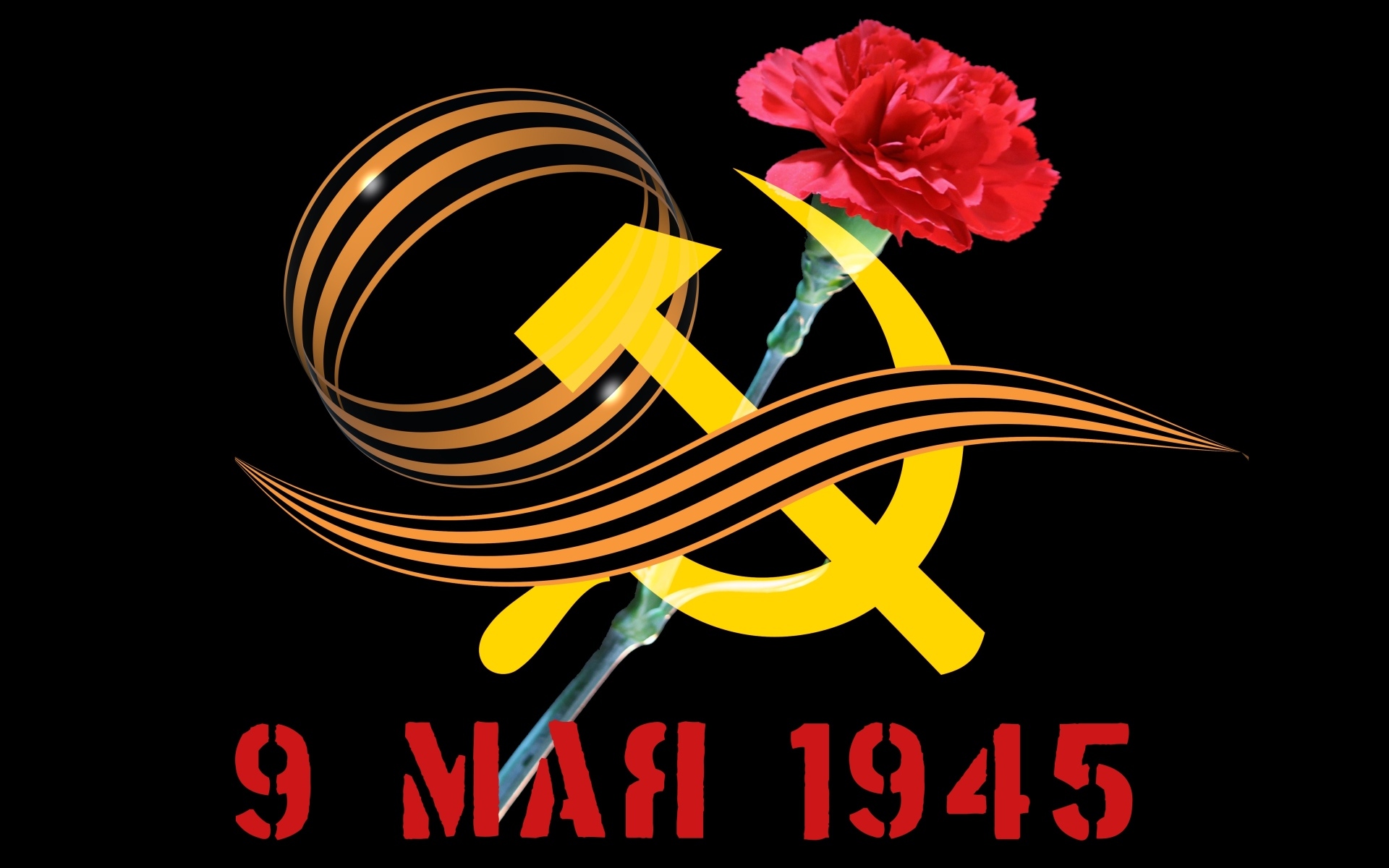 Серп и молот и гвоздики на черном фоне на 9 мая