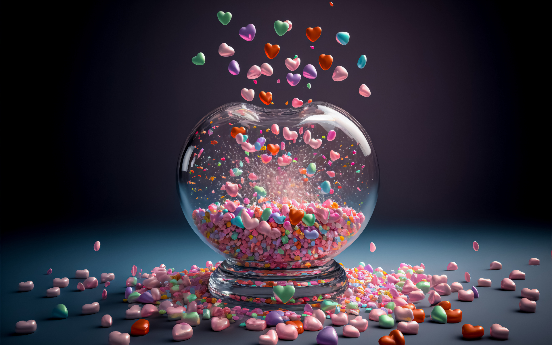 Стеклянный сосуд с маленькими разноцветными сердечками