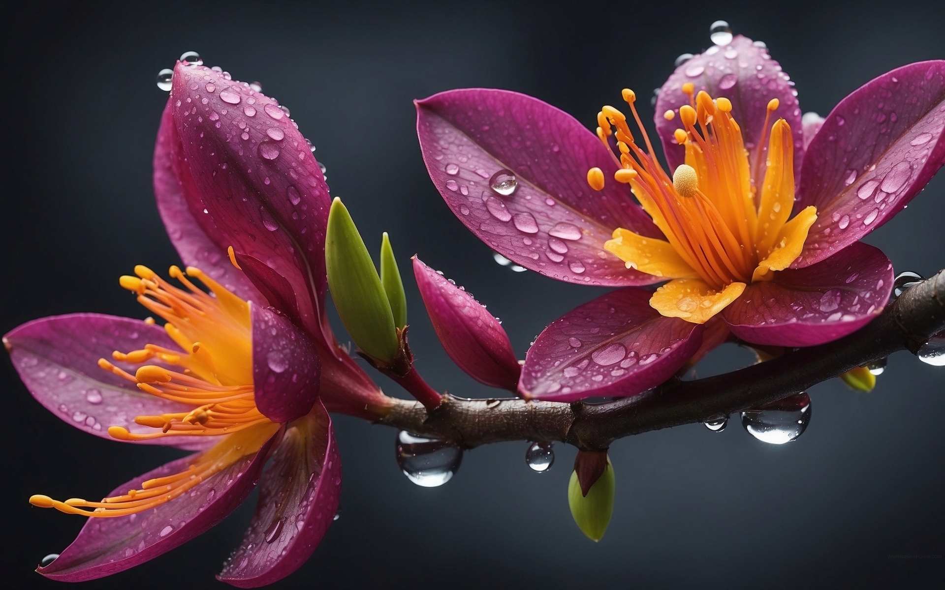 Красивые сиреневые цветы в каплях дождя на ветке