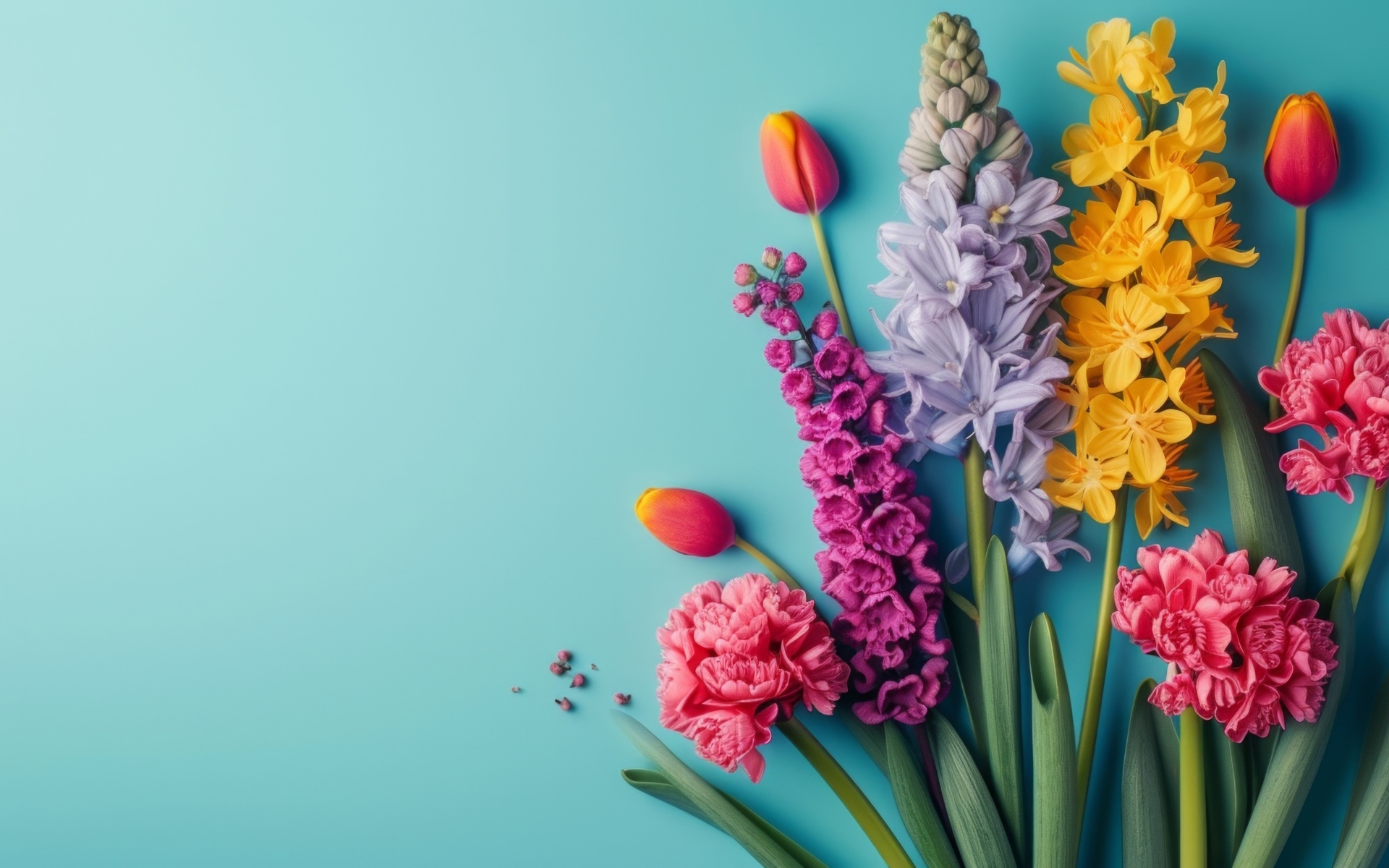 Букет красивых весенних цветов на голубом фоне