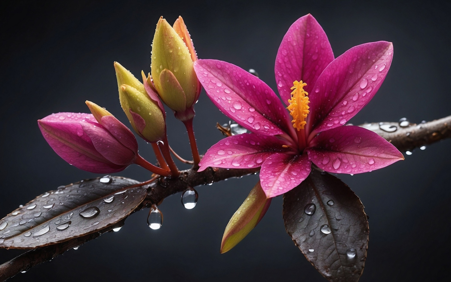 Розовый весенний цветок на ветке с бутонами в каплях дождя