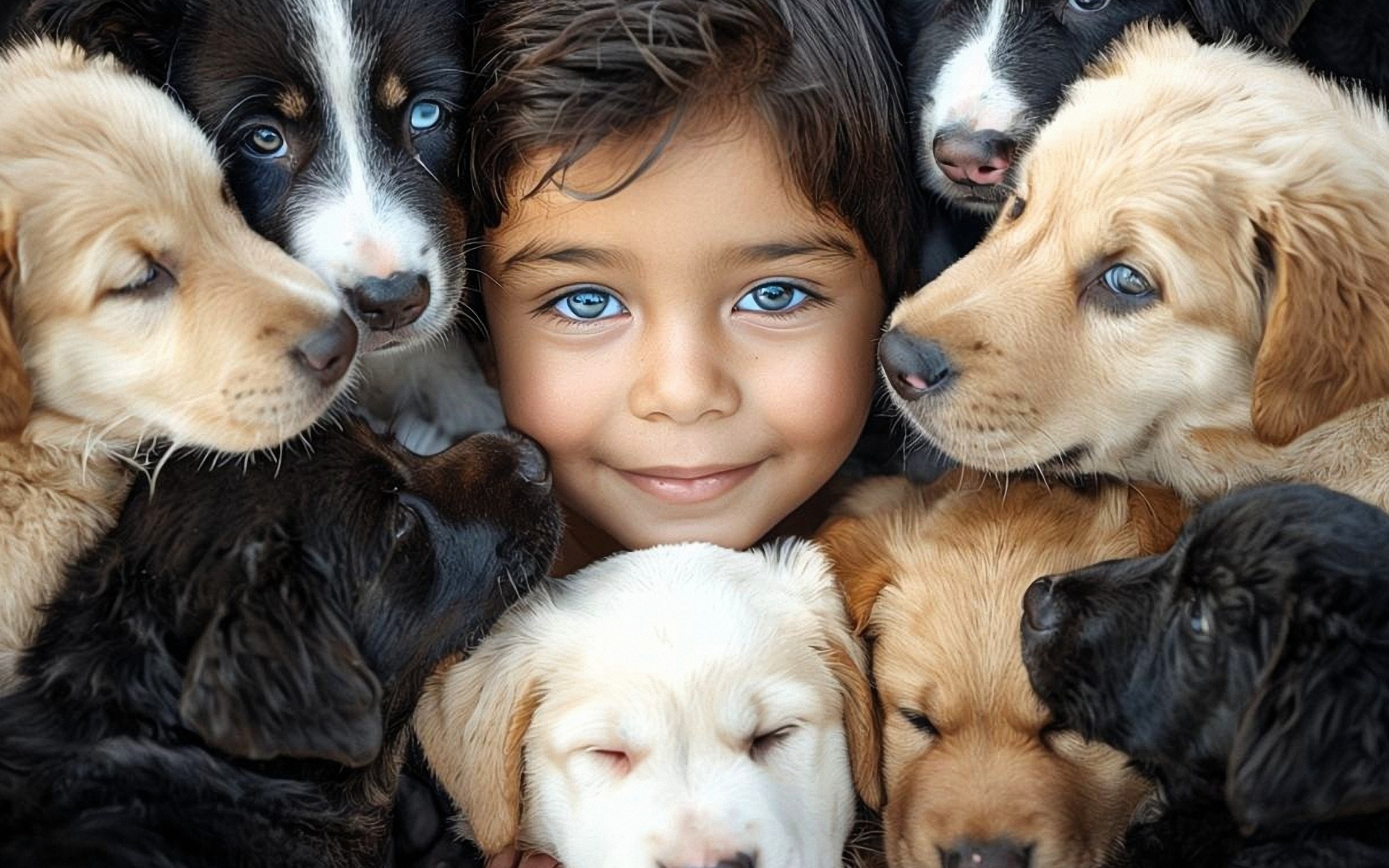 Красивый ребенок с собаками