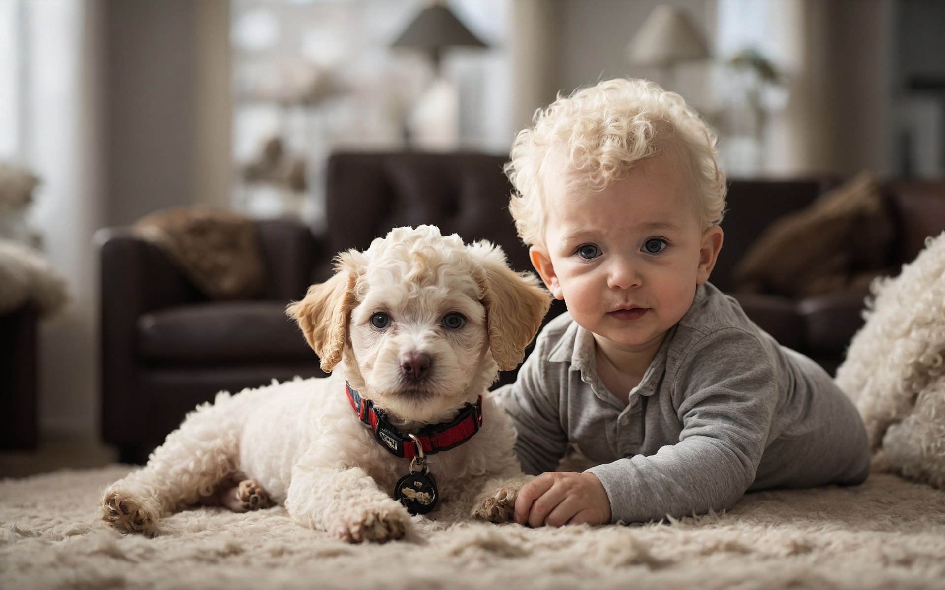Маленький кудрявый мальчик с щенком