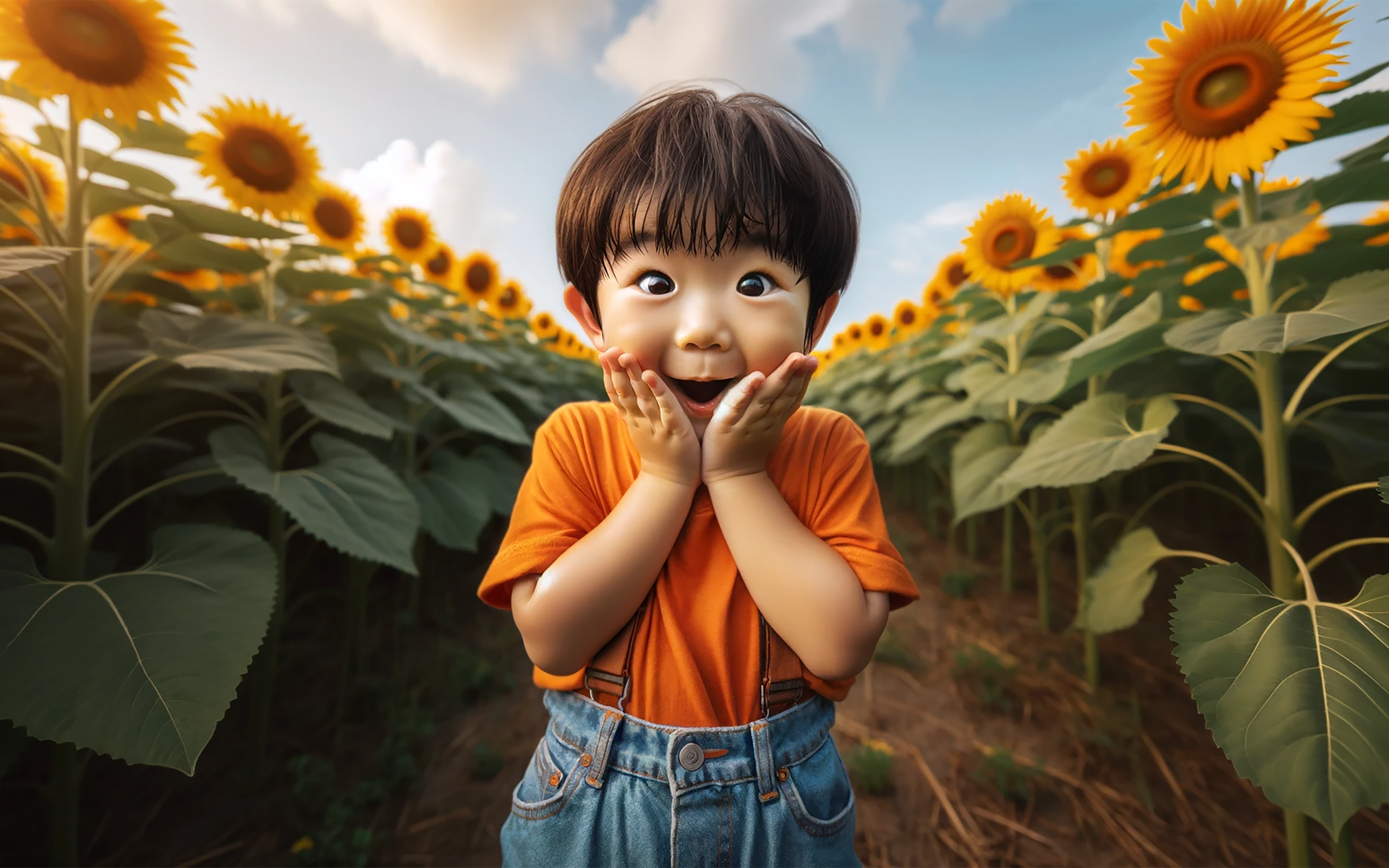 Удивленный азиатский ребенок на поле с подсолнухами