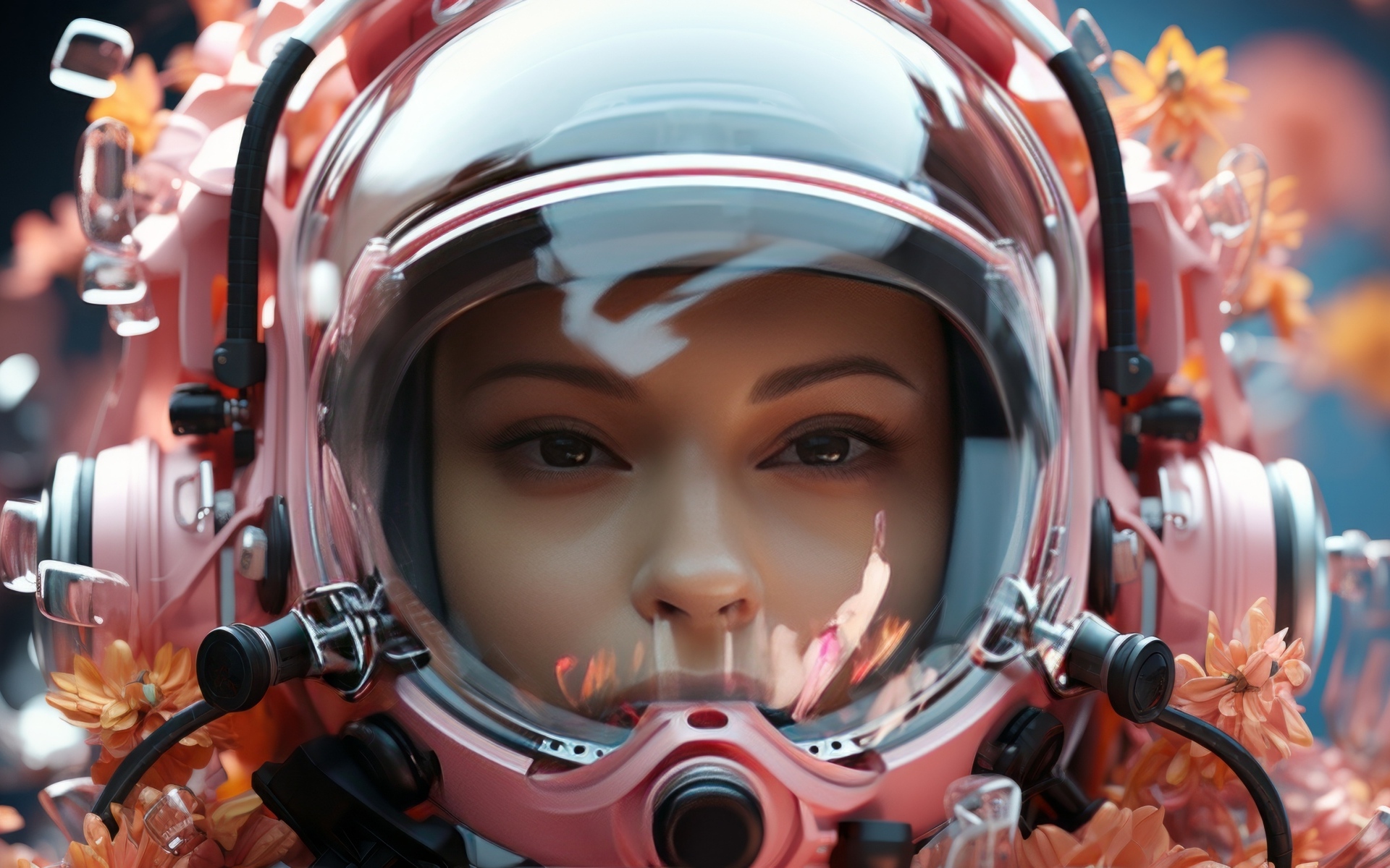 Девушка астронавт в розовом шлеме с цветами