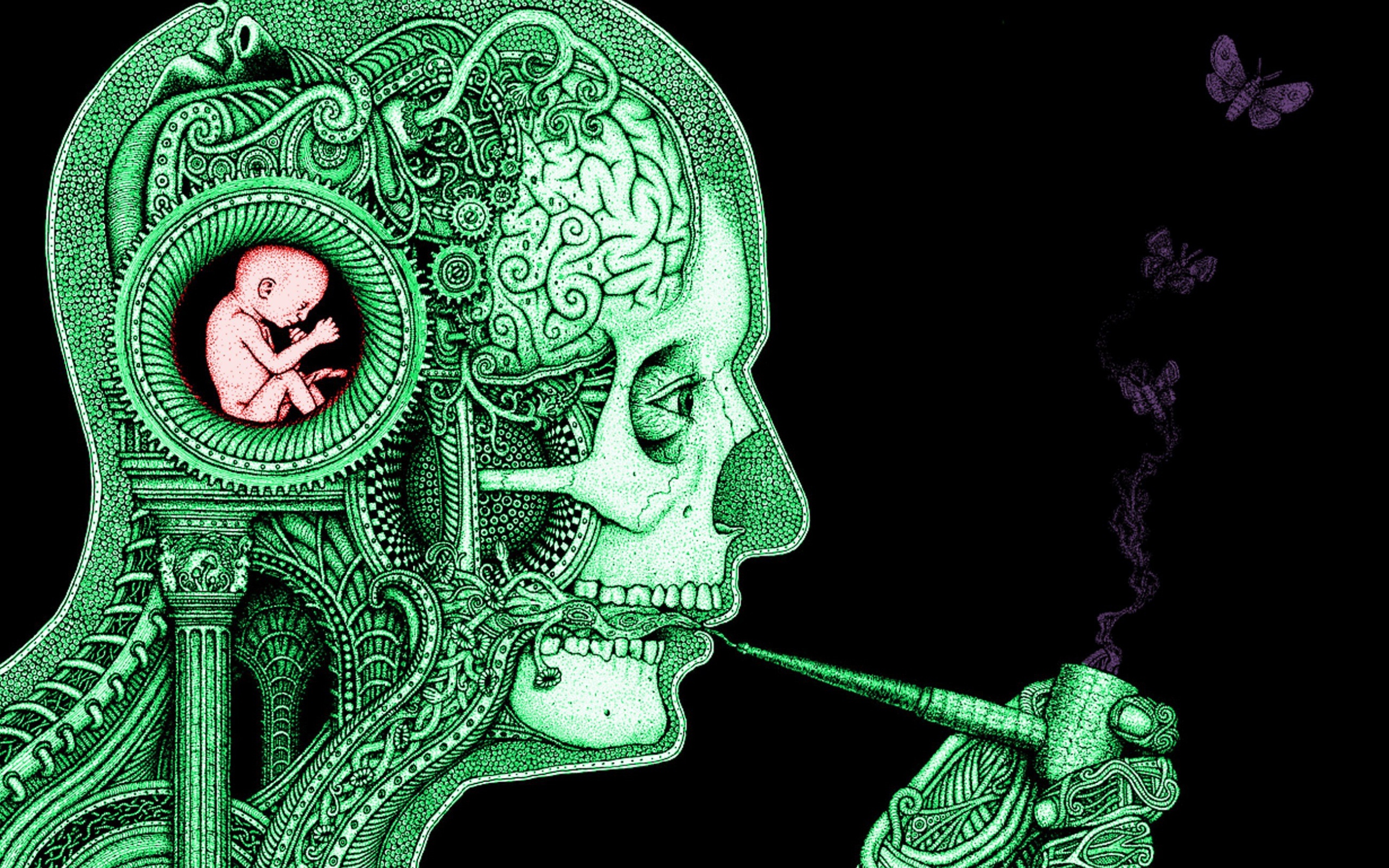 Зеленый силуэт курящего человека на черном фоне