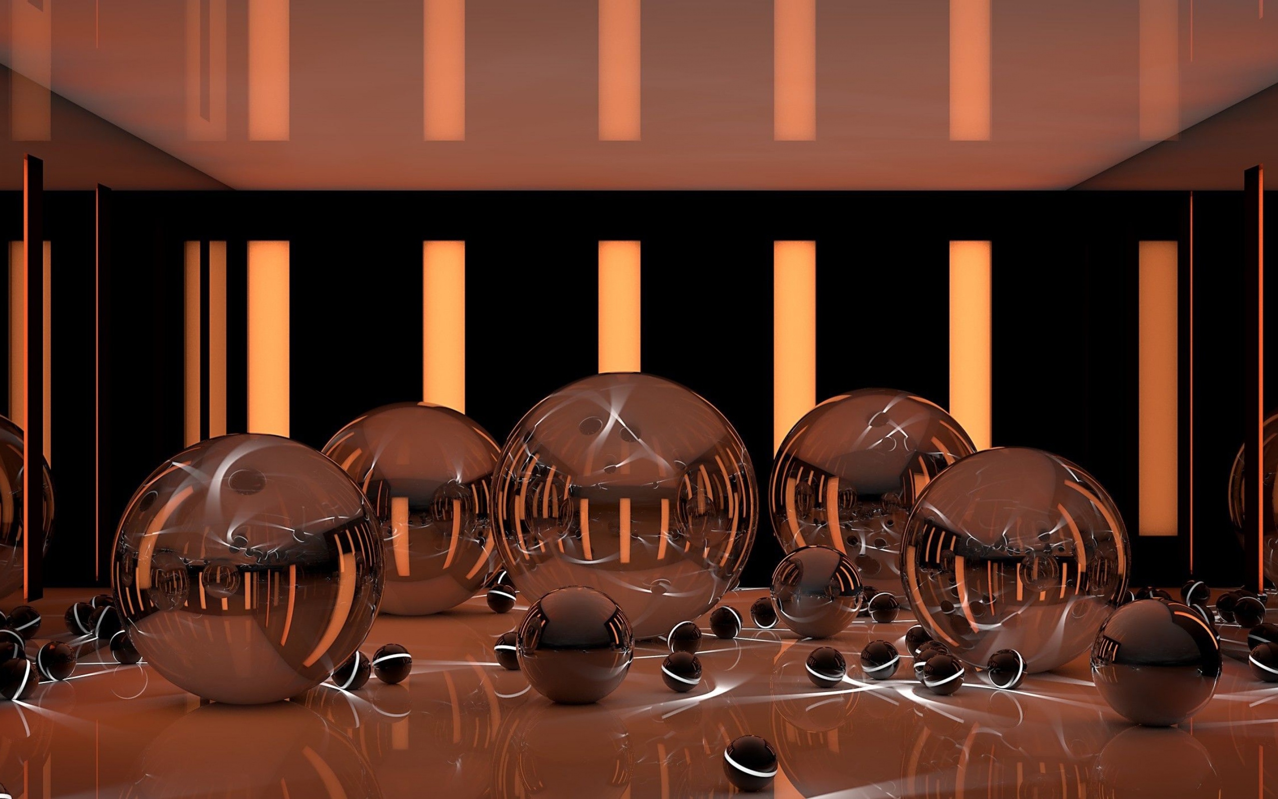 Глянцевые шары на поверхности с неоновыми полосками 