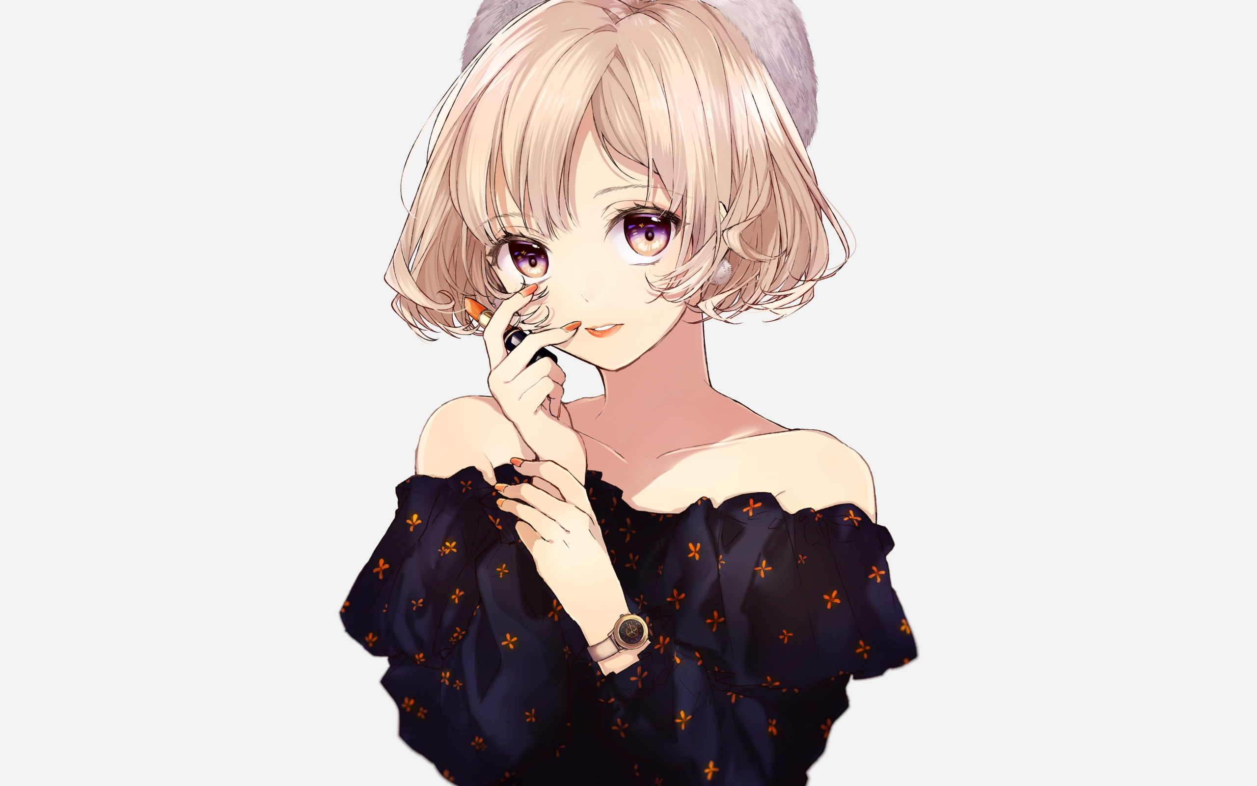 Девушка аниме блондинка с помадой в руках на белом фоне