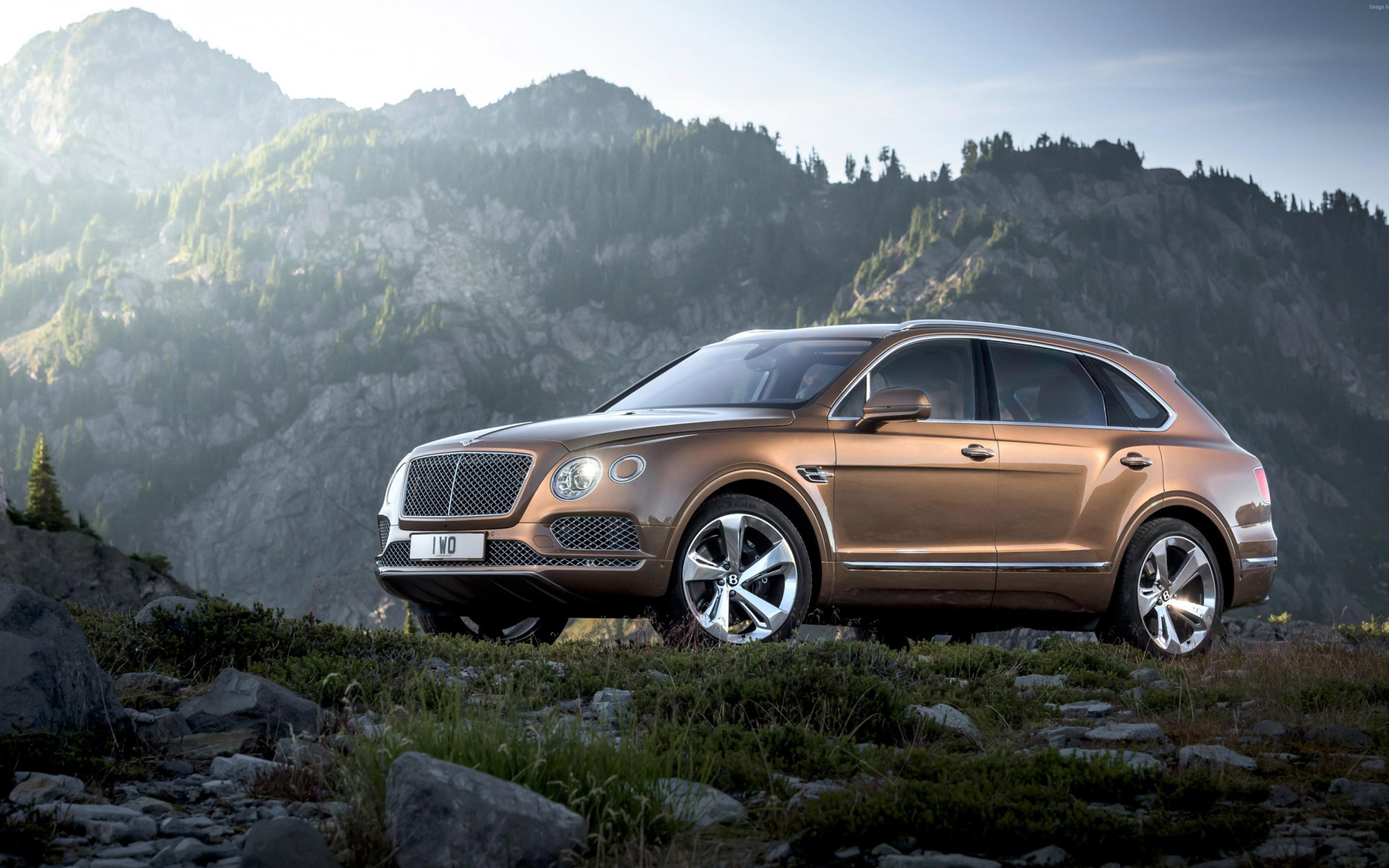 Коричневый кроссовер  Bentley Bentayga, 2017 на фоне гор