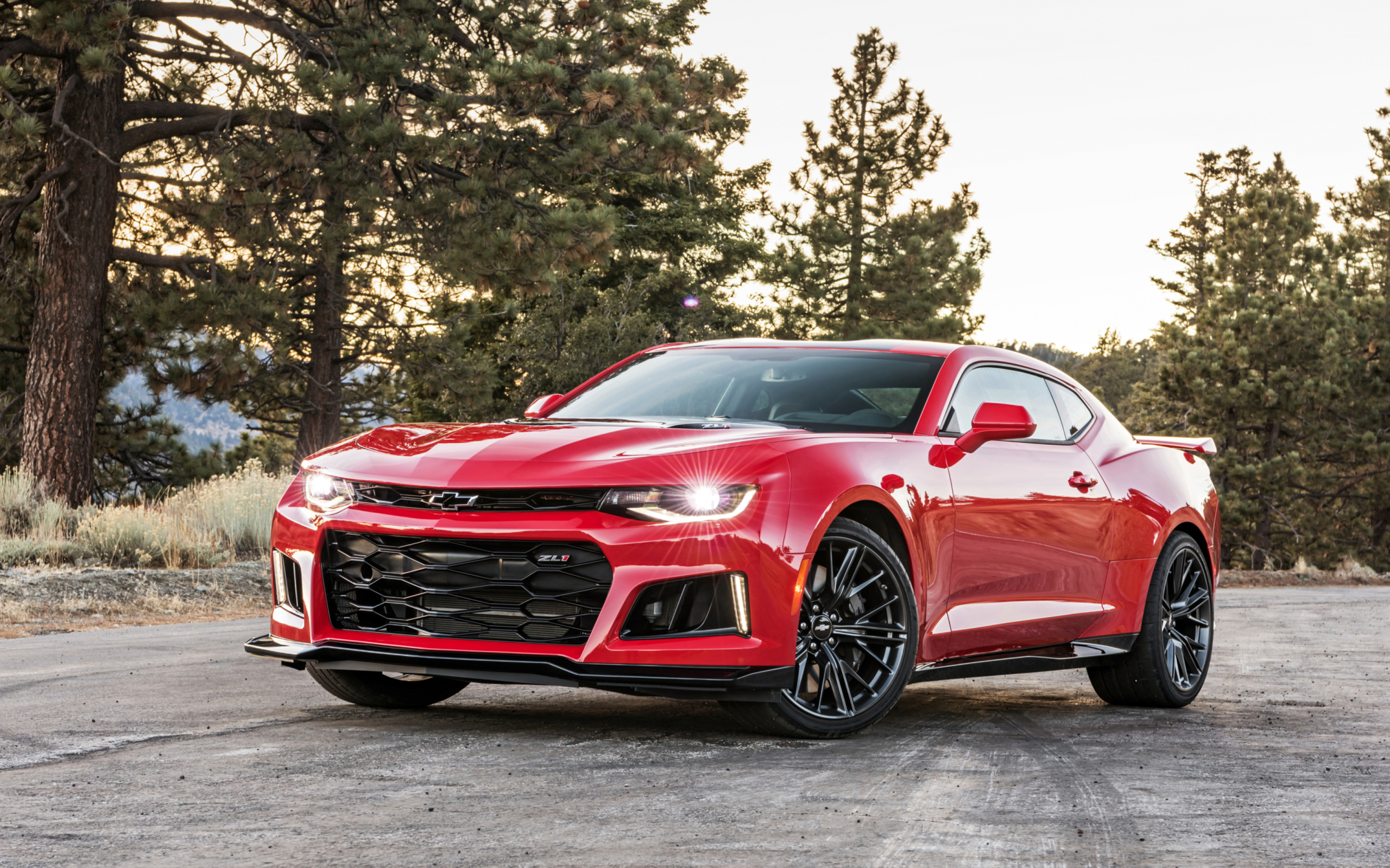 Красный автомобиль Chevrolet Camaro ZL1 на фоне леса 
