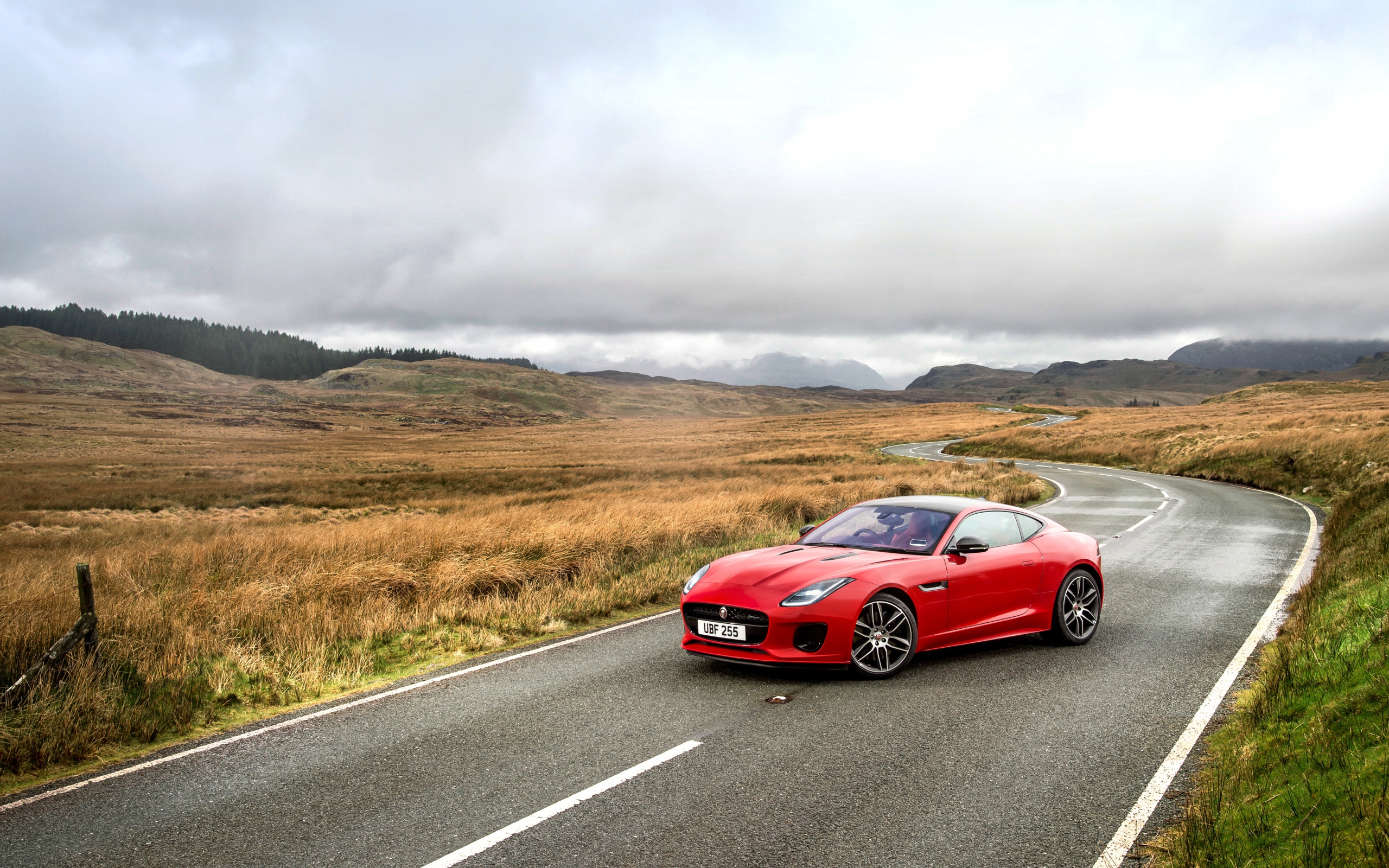 Красный автомобиль  Jaguar F-Type на трассе