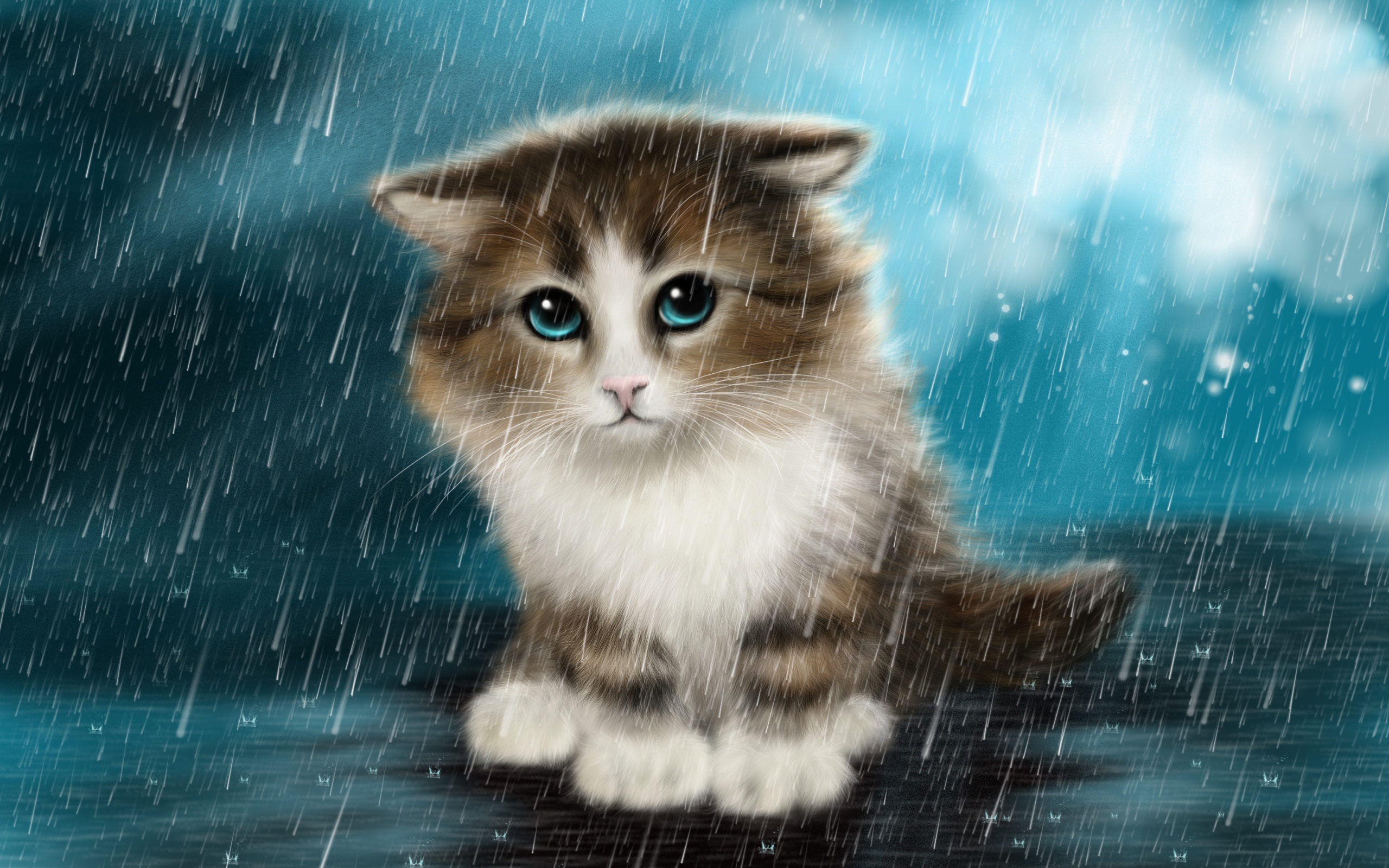 A small sad painted kitten in the rain