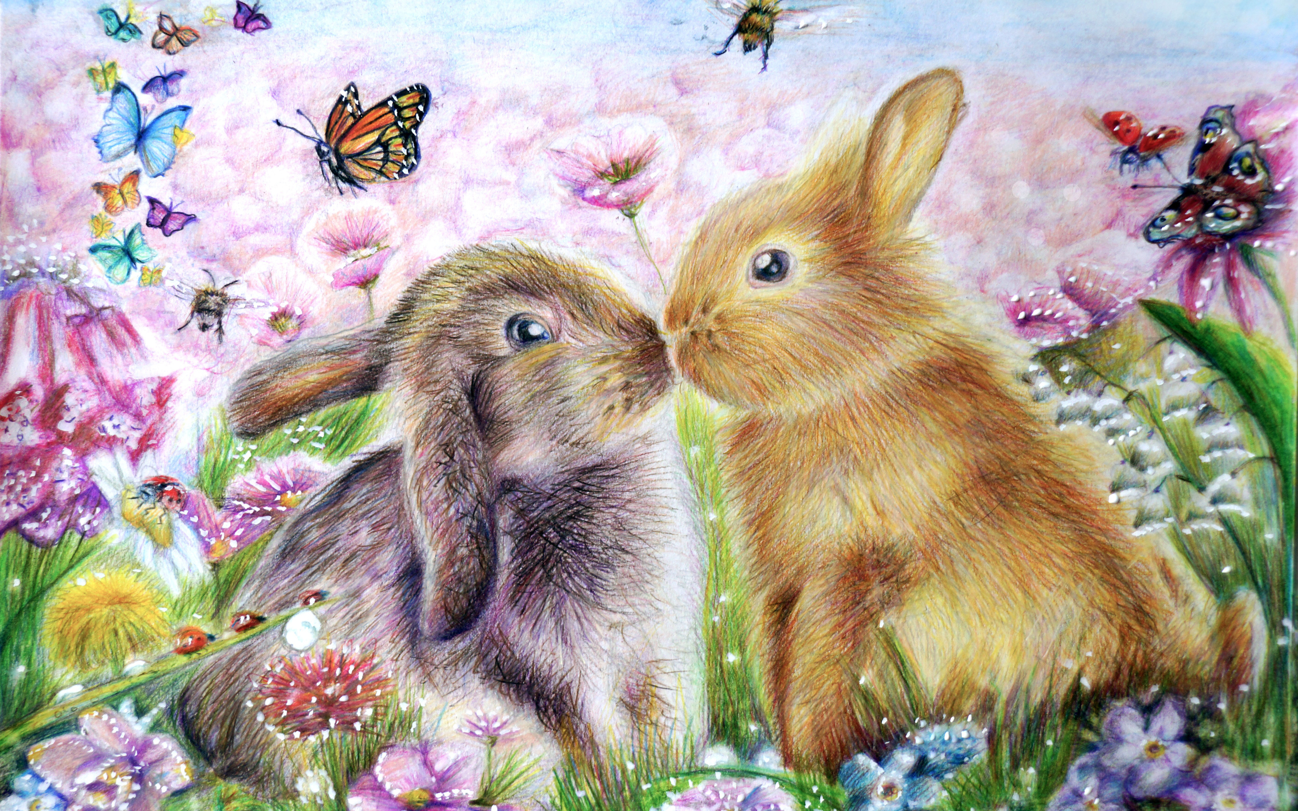 Два нарисованных кролика с бабочками